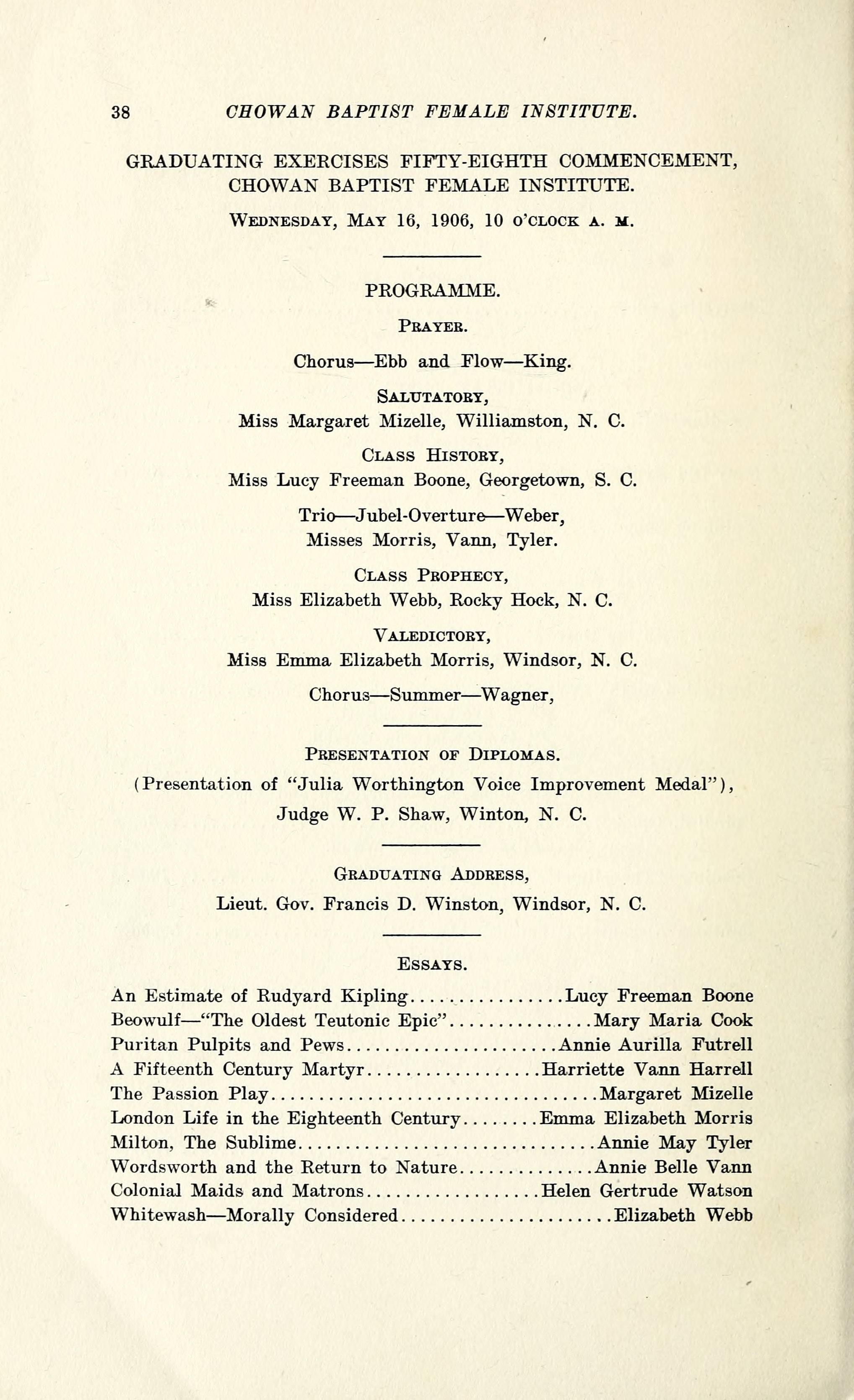 Chowan Baptist Female Institute Catalogue 1905 1906