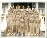Group of Military and Civilian Men Posed with Woman on Steps