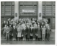 Large Group of Men Gathered at Firestone Building in Akron