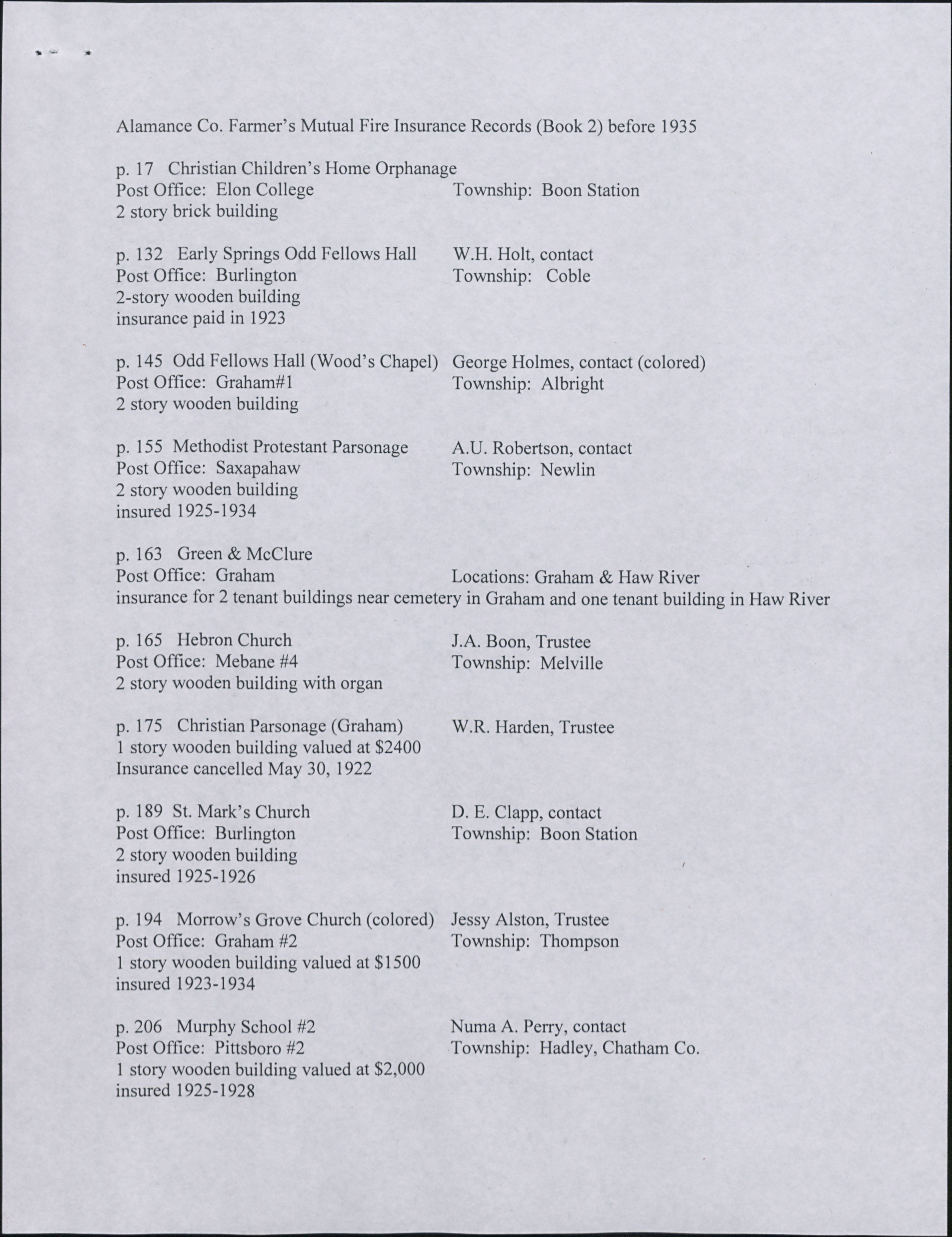 Alamance County Farmers Mutual Fire Insurance Records Volume 2