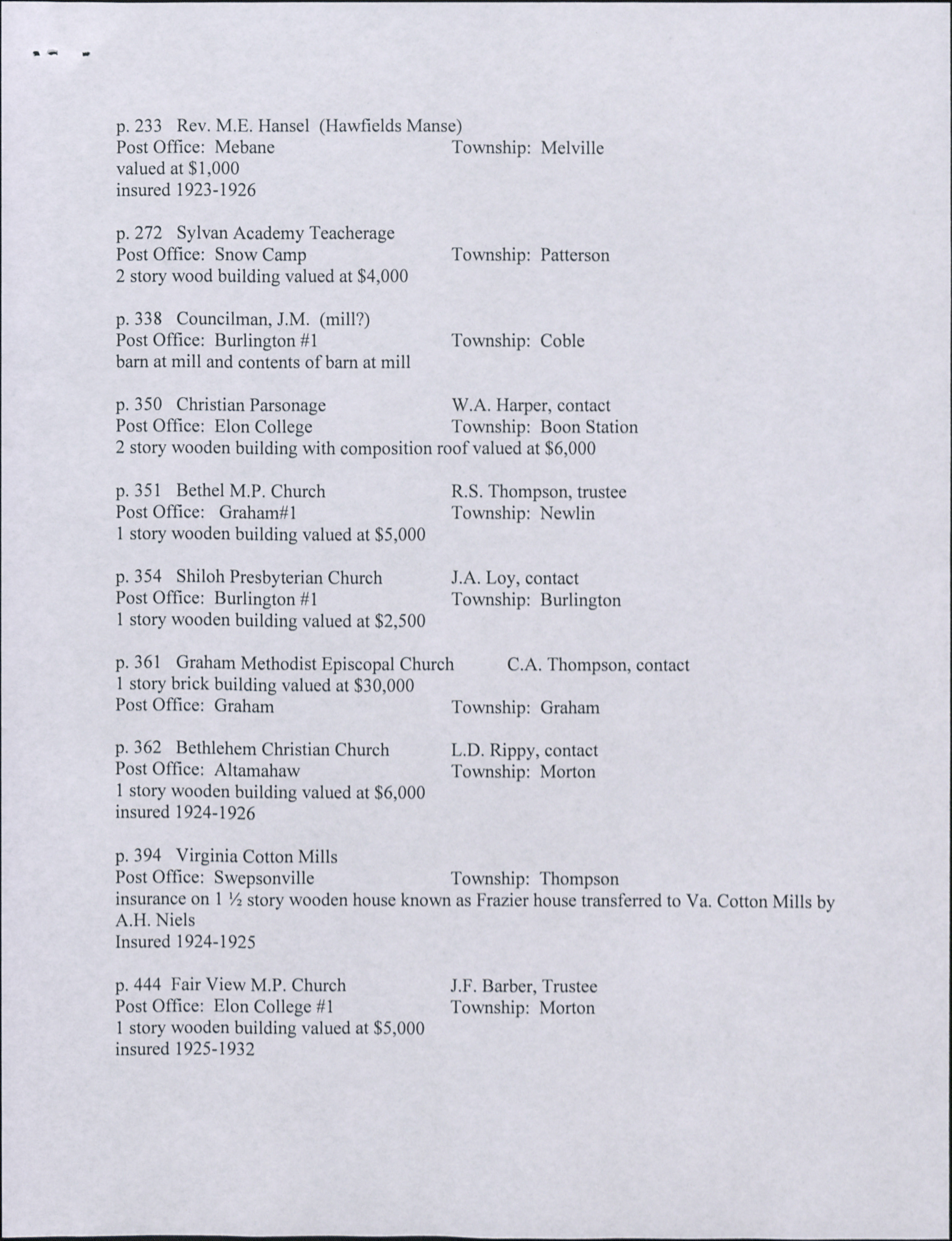 Alamance County Farmers Mutual Fire Insurance Records Volume 2