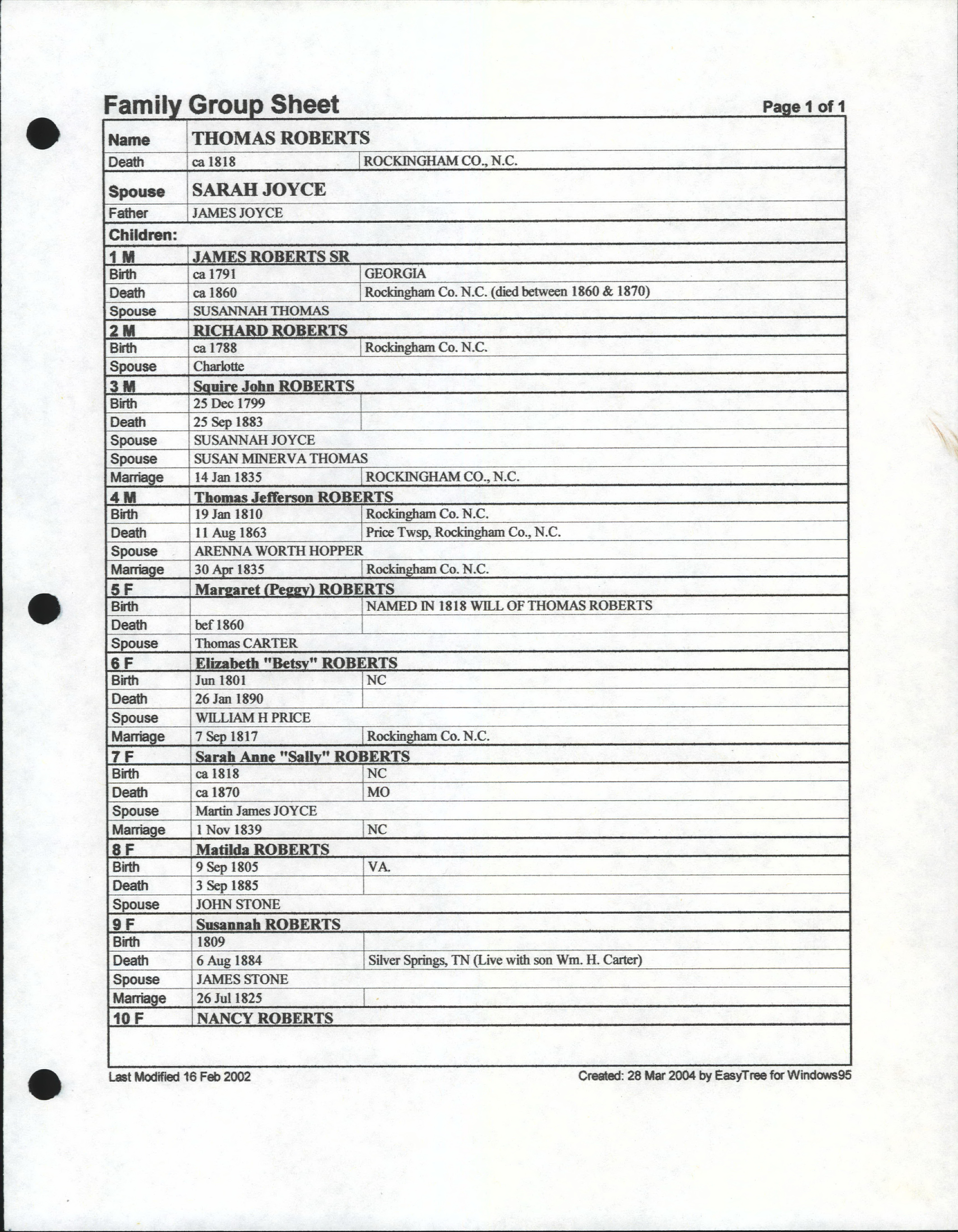 Roberts of Rockingham County, NC