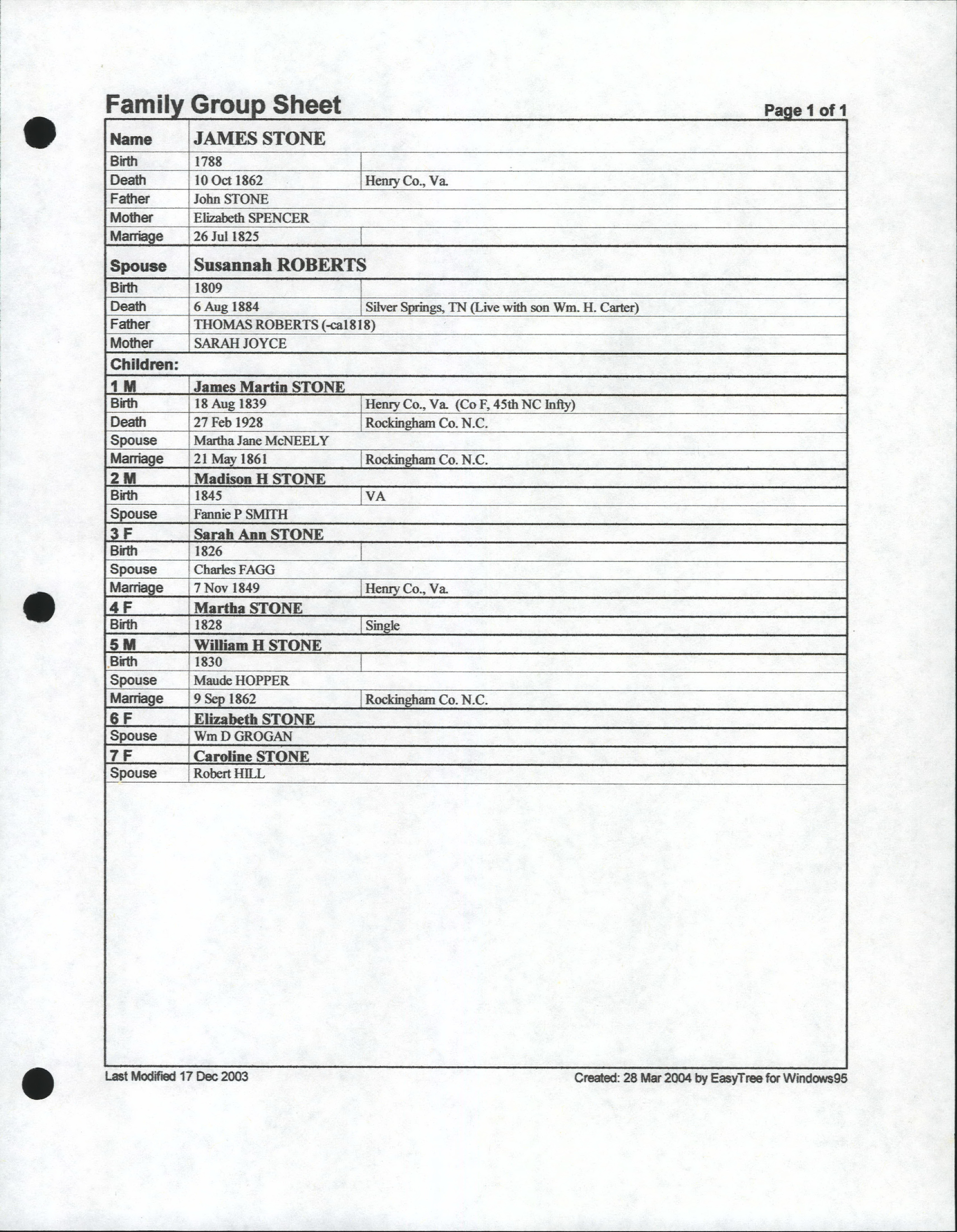 Roberts of Rockingham County, NC