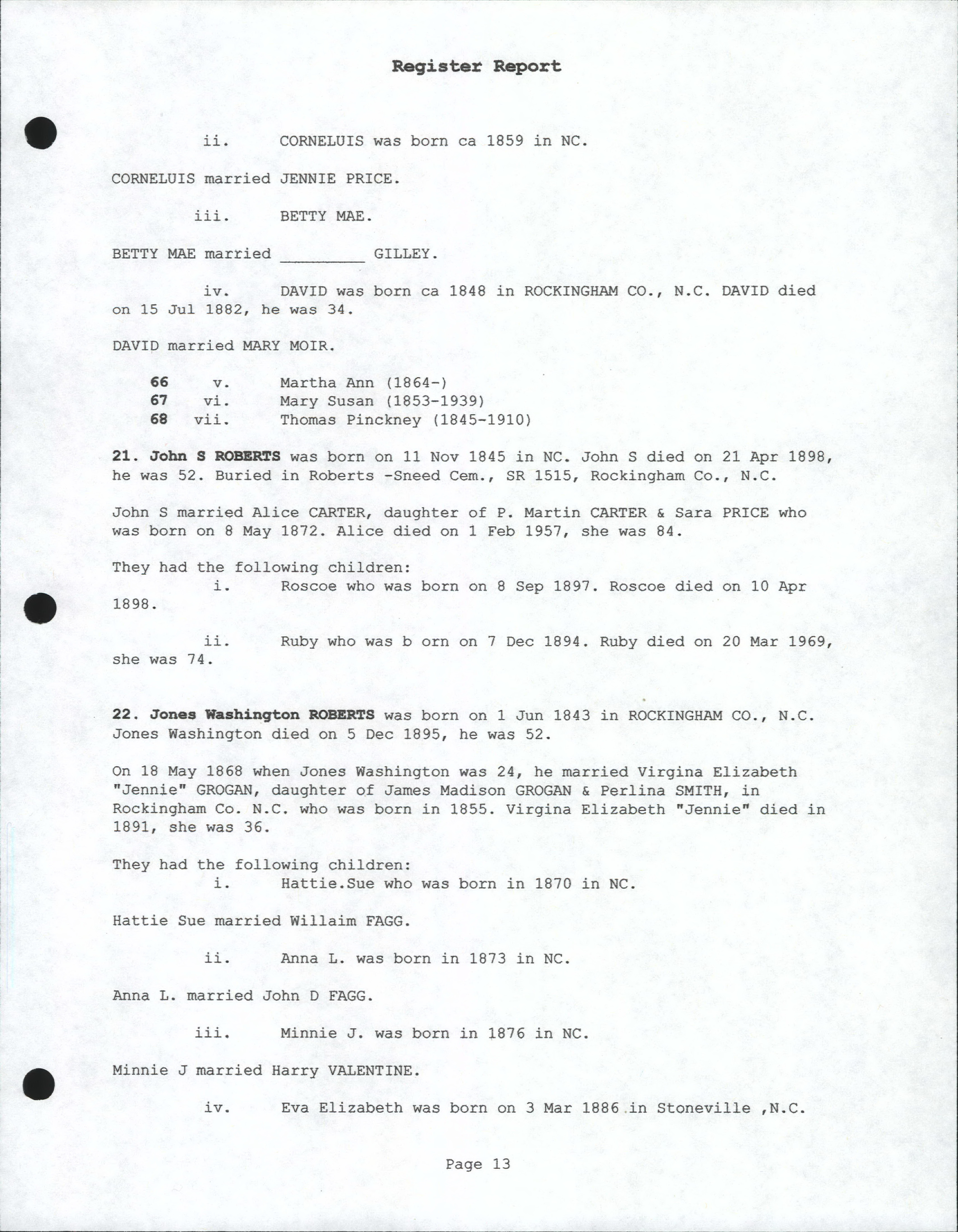 Roberts of Rockingham County, NC