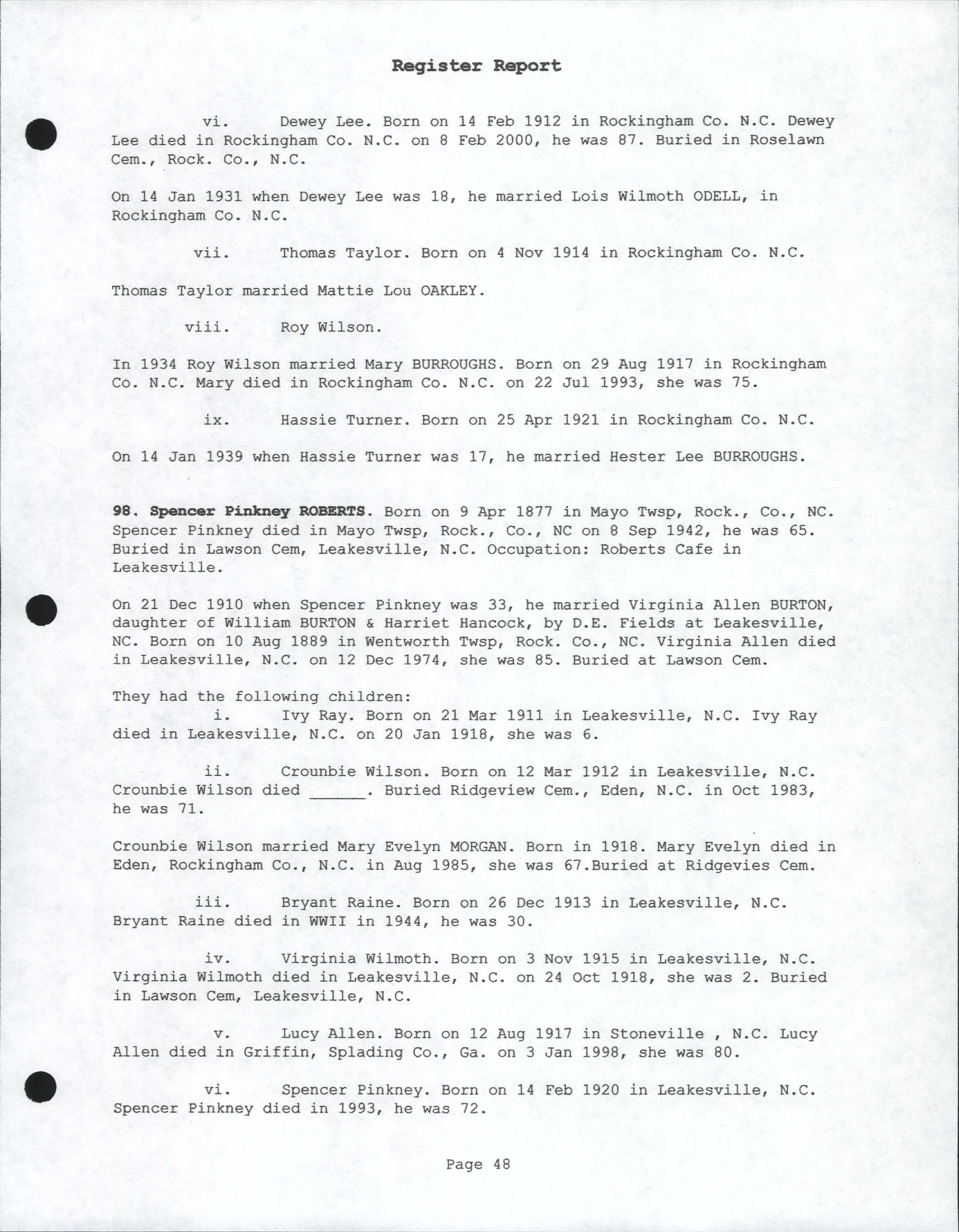 Roberts of Rockingham County, NC