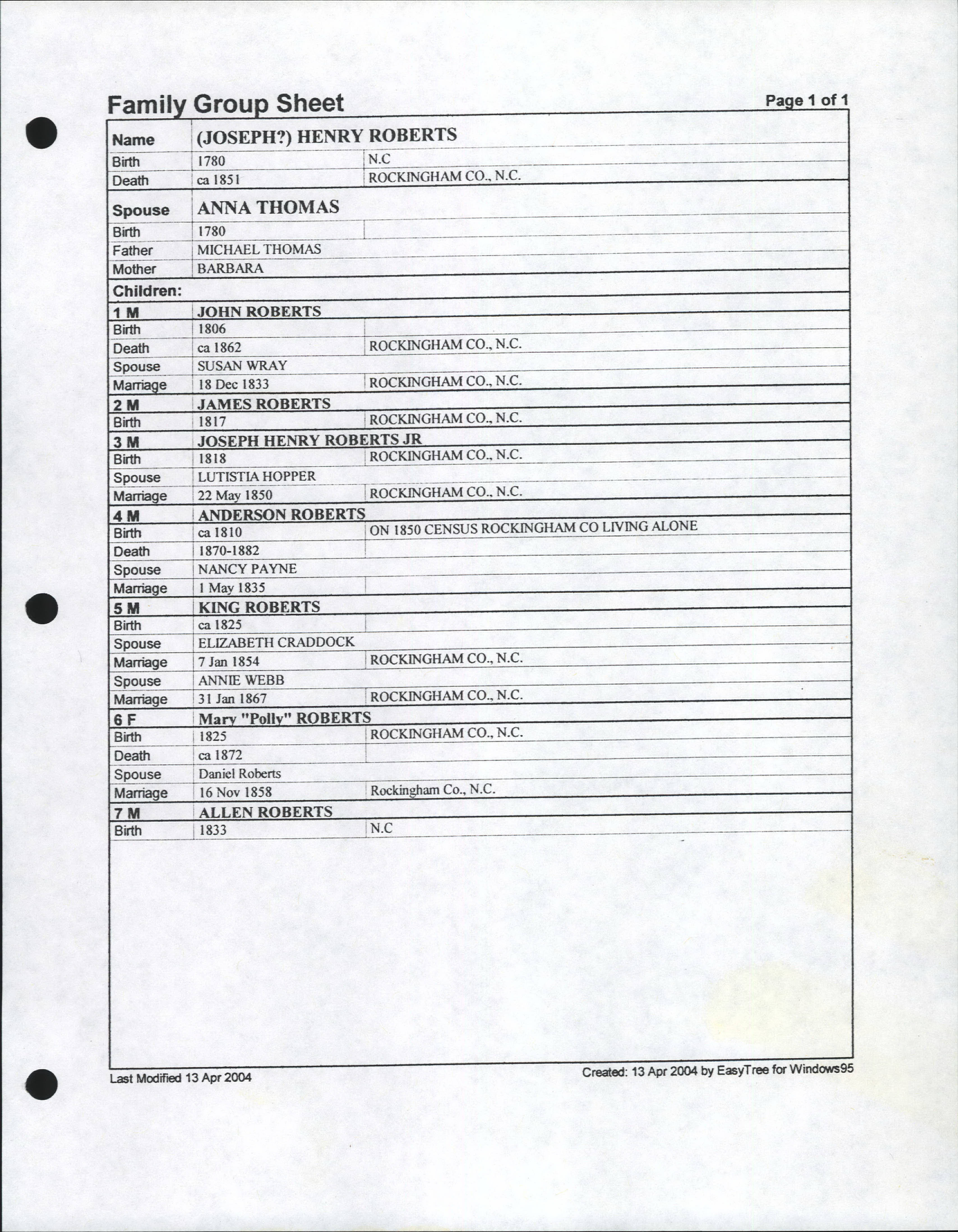 Roberts of Rockingham County, NC