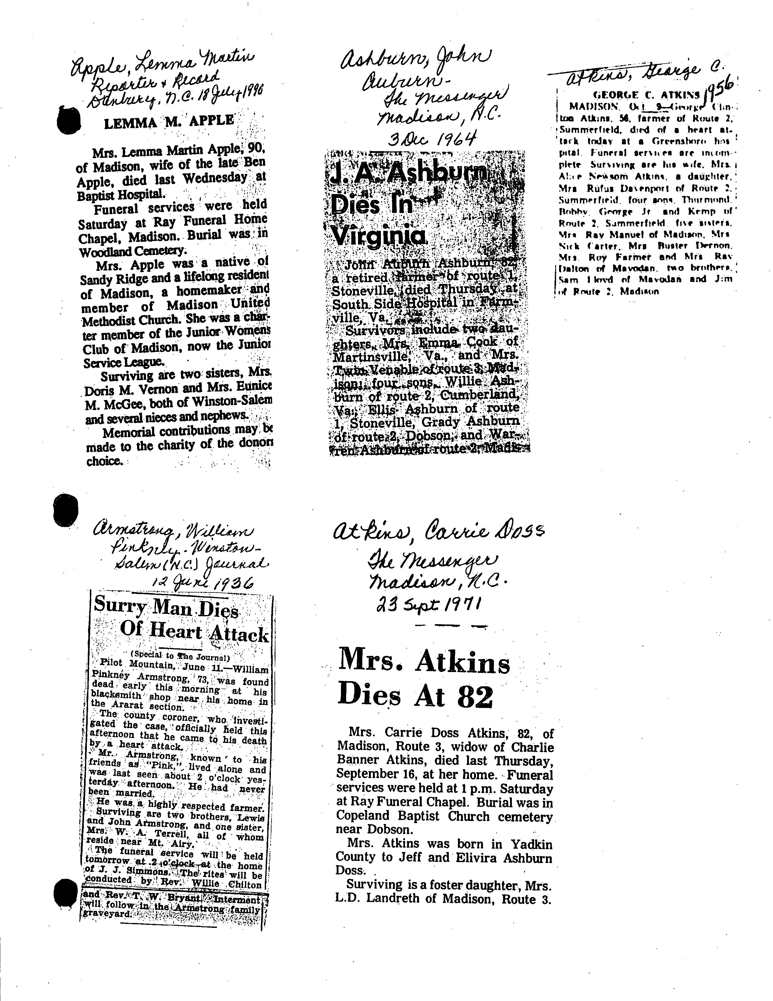 Rockingham County Obituary Clippings, Book 1 [A L]