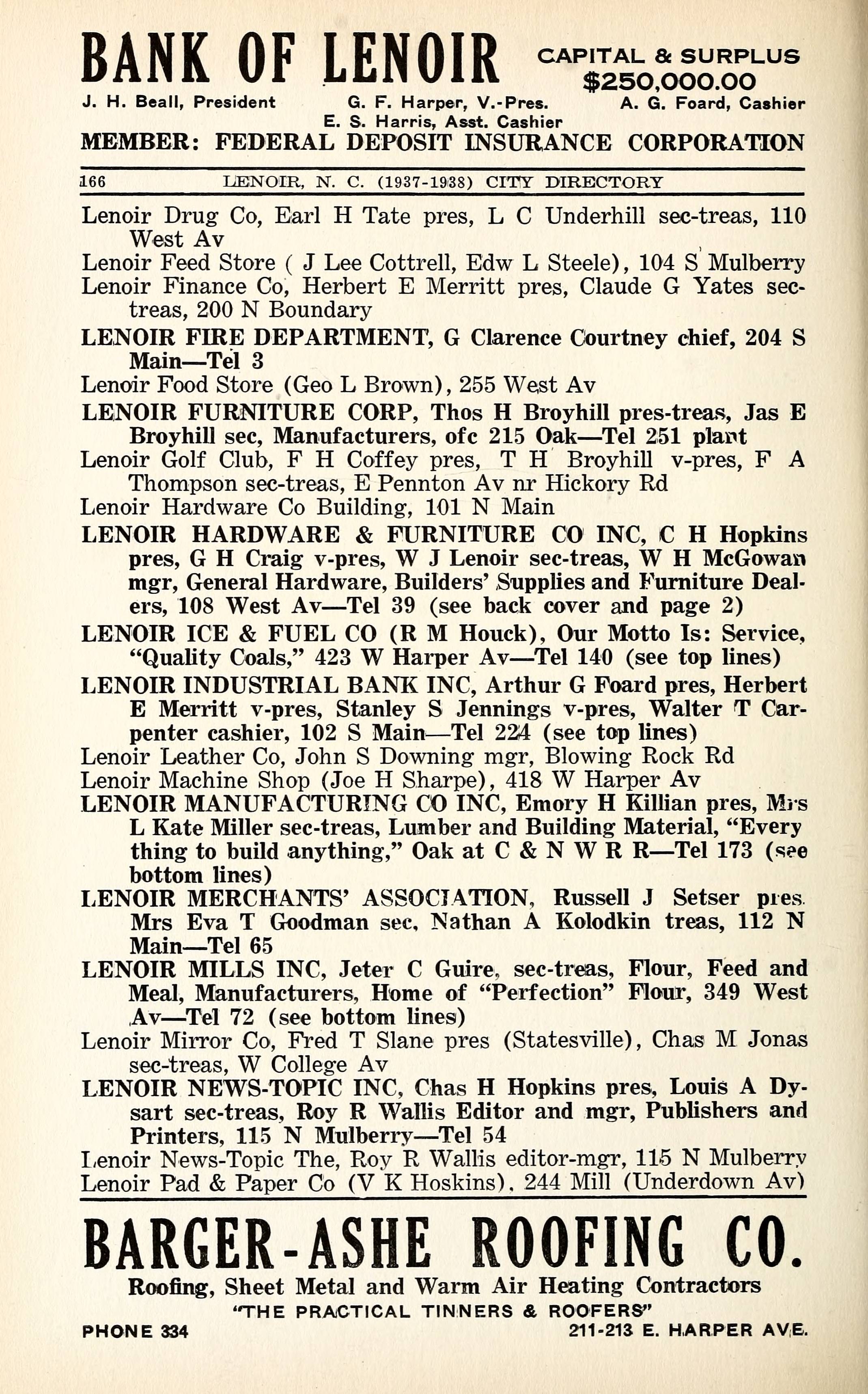 Miller's Lenoir, North Carolina, City Directory [19371938]