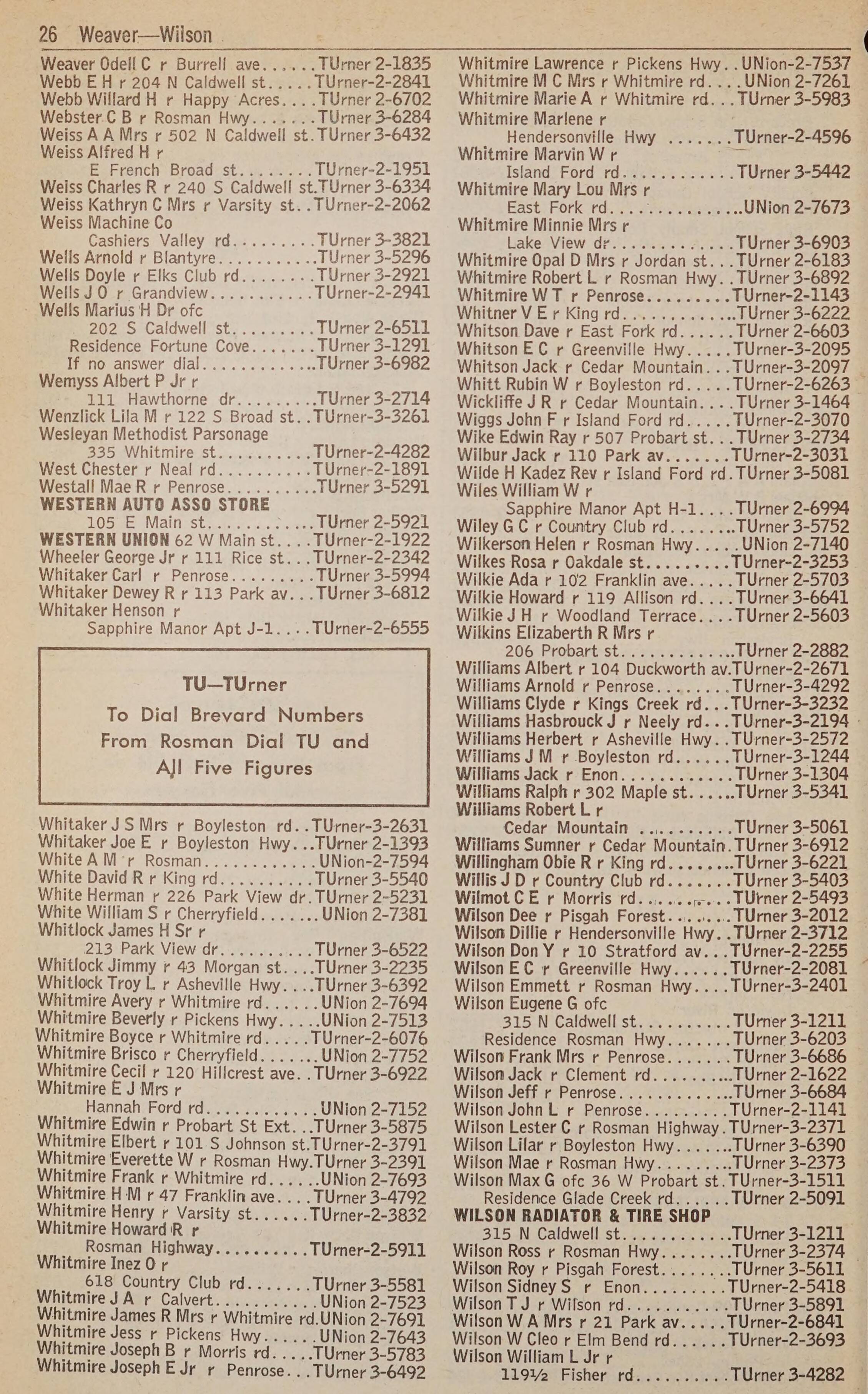 Telephone Directory Brevard Rosman N C December 1960 