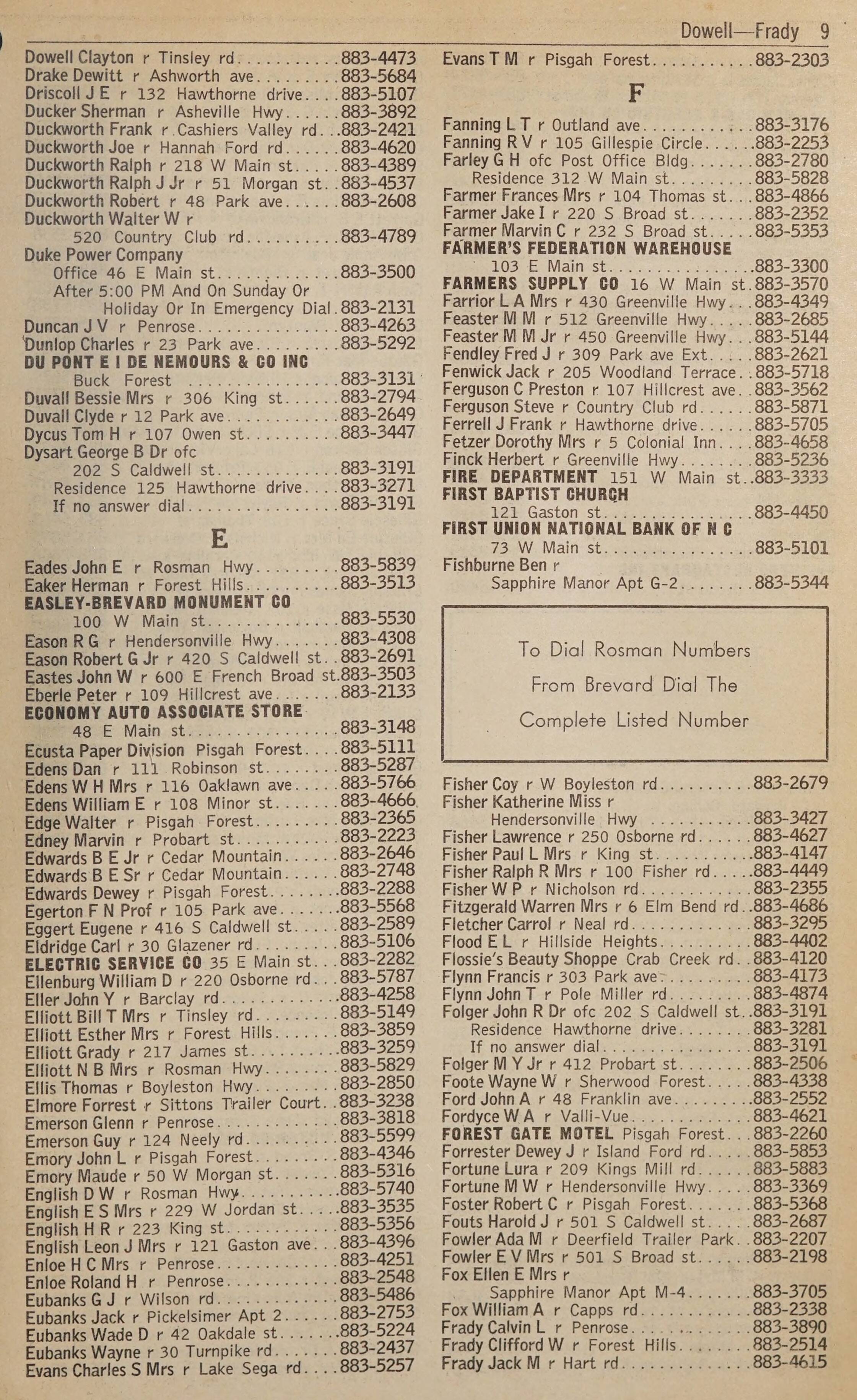 Telephone Directory Brevard Rosman N C January 1962 