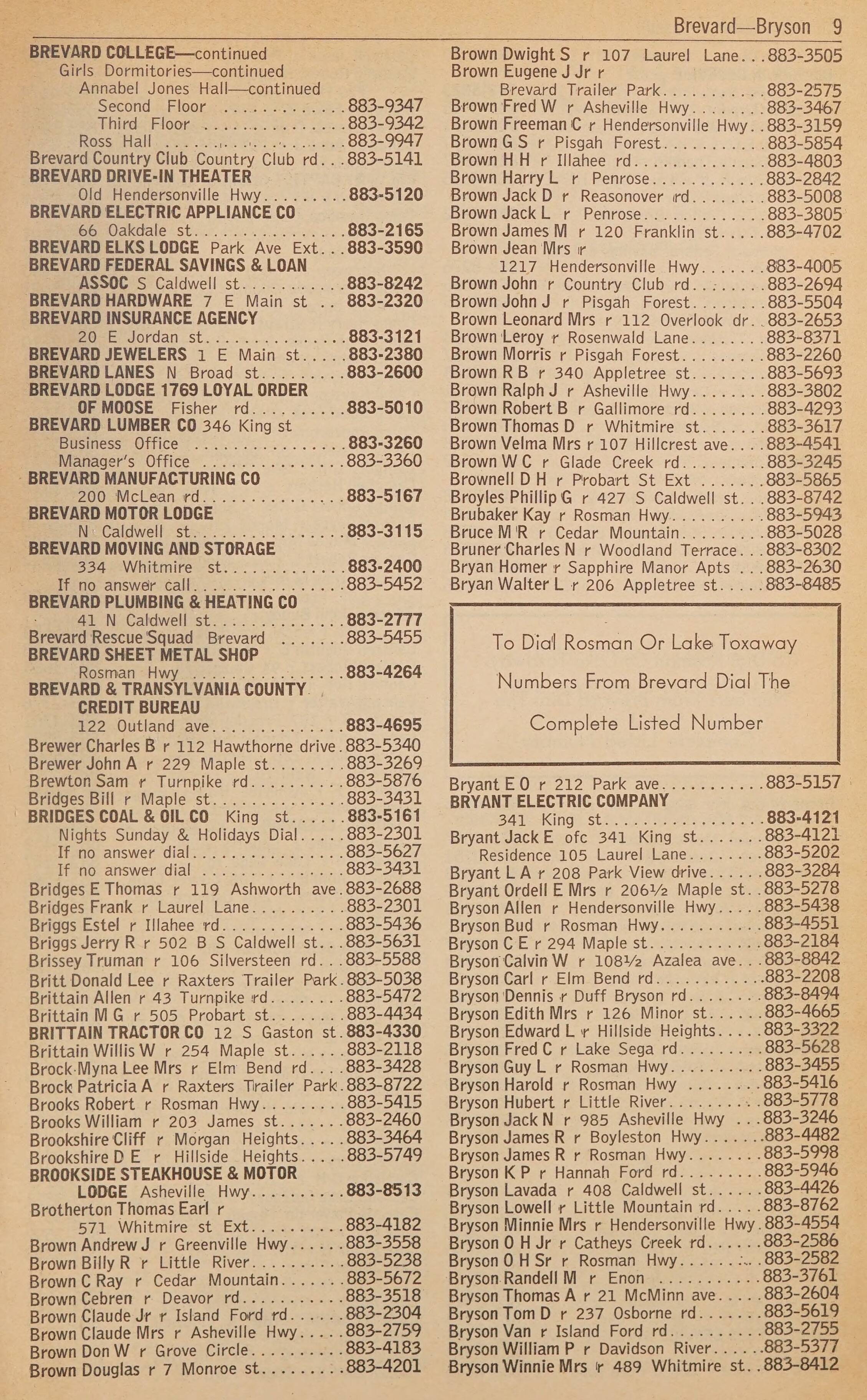Telephone Directory Brevard Rosman Lake Toxaway N C January 1966 