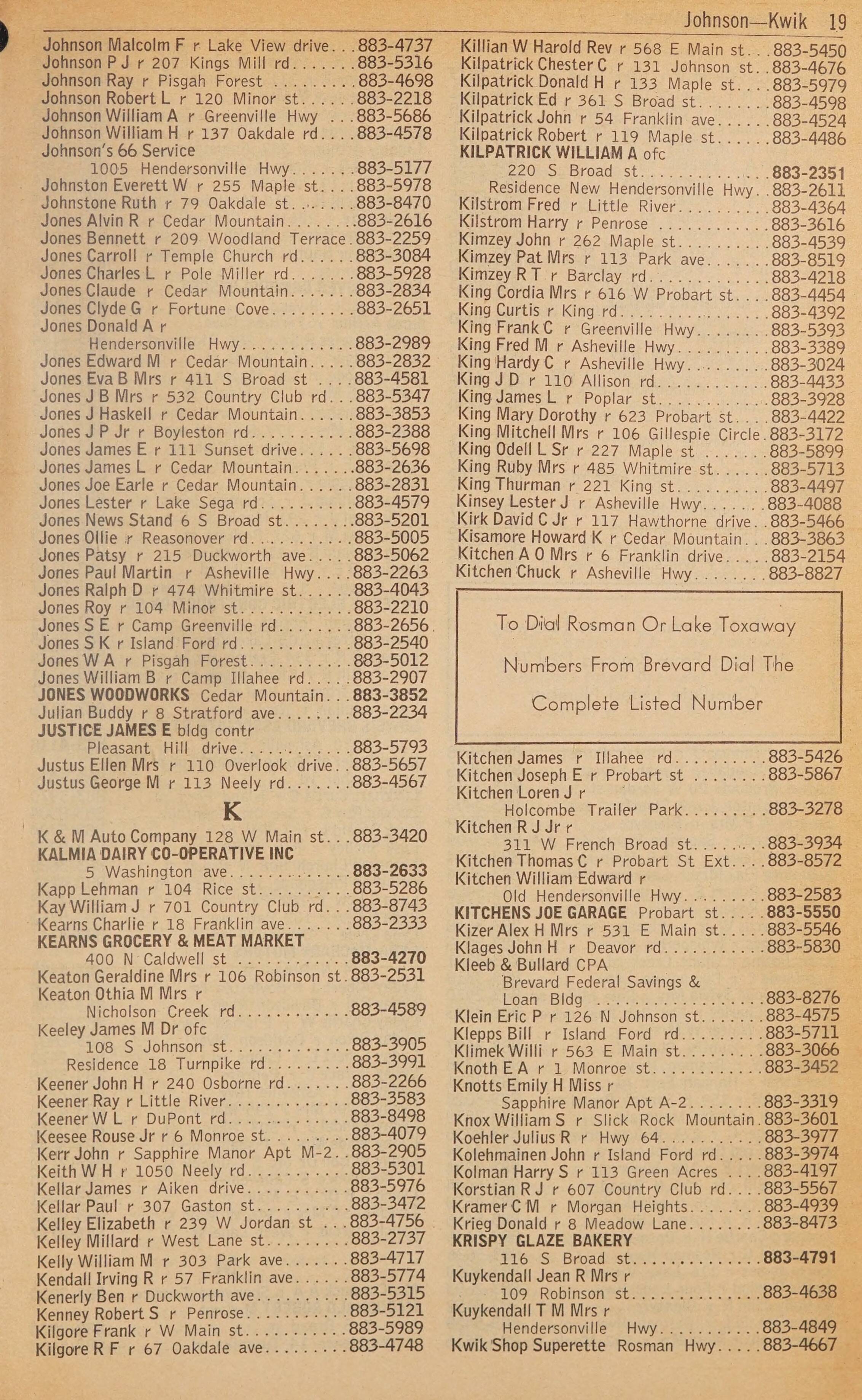 Telephone Directory Brevard Rosman Lake Toxaway N C January 1966 
