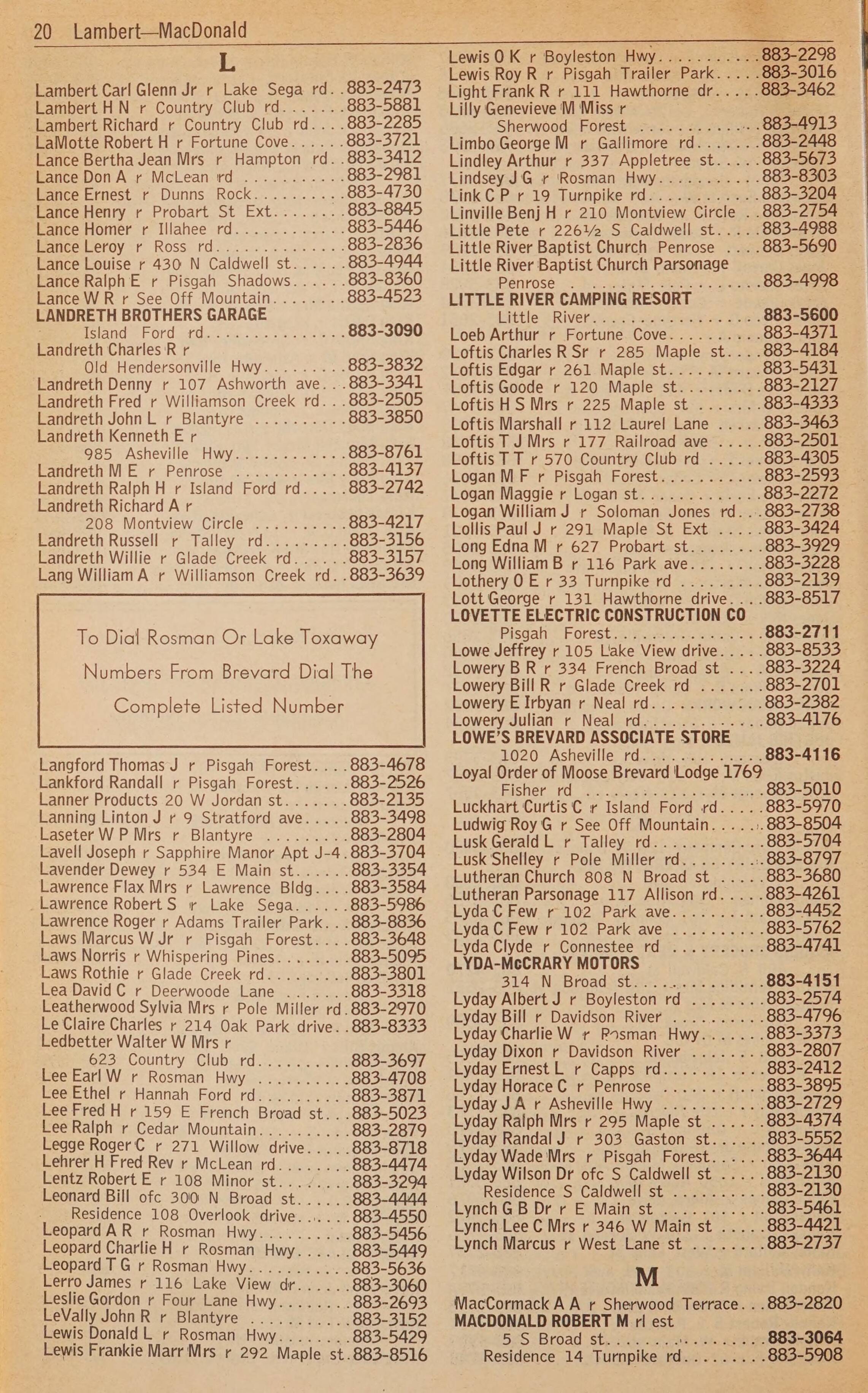 Telephone Directory Brevard Rosman Lake Toxaway N C January 1966 