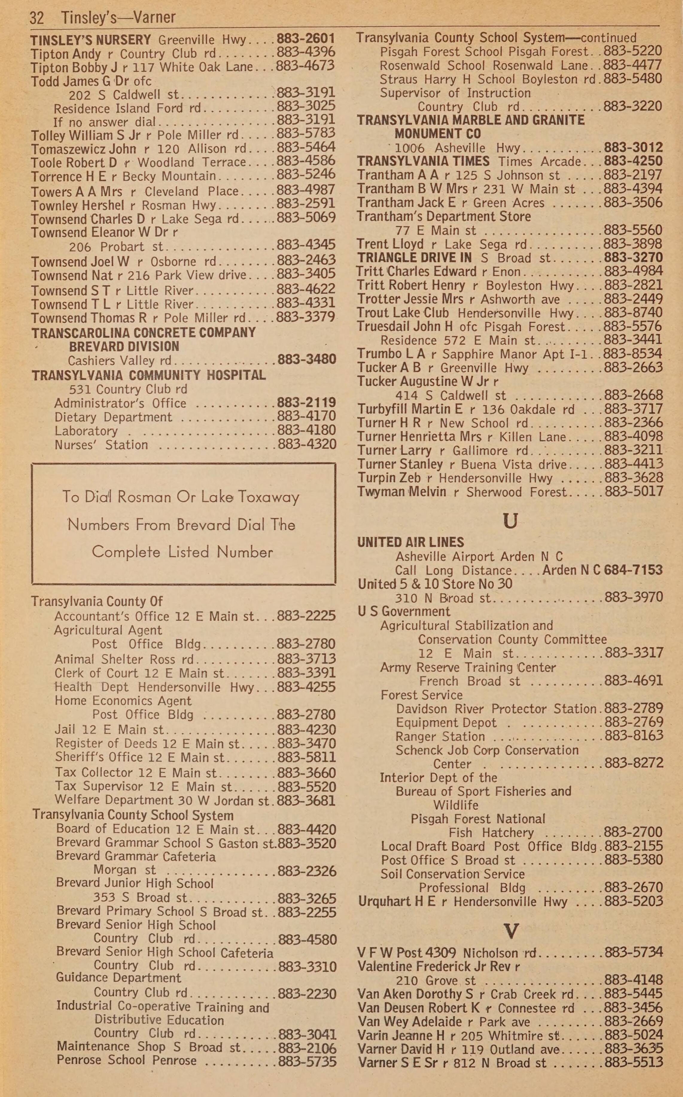 Telephone Directory Brevard Rosman Lake Toxaway N C January 1966 