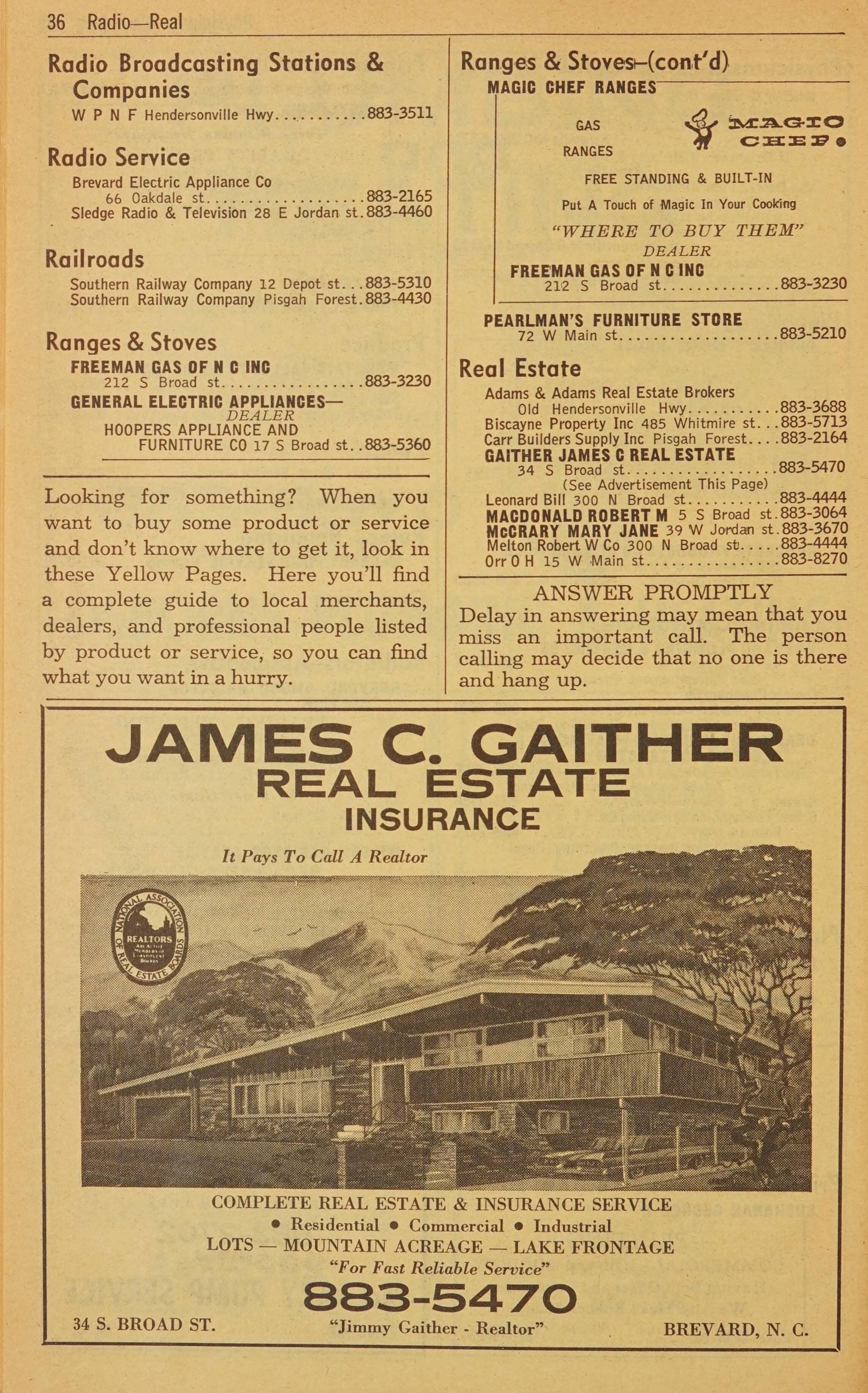 Telephone Directory Brevard Rosman Lake Toxaway N C January 1966 