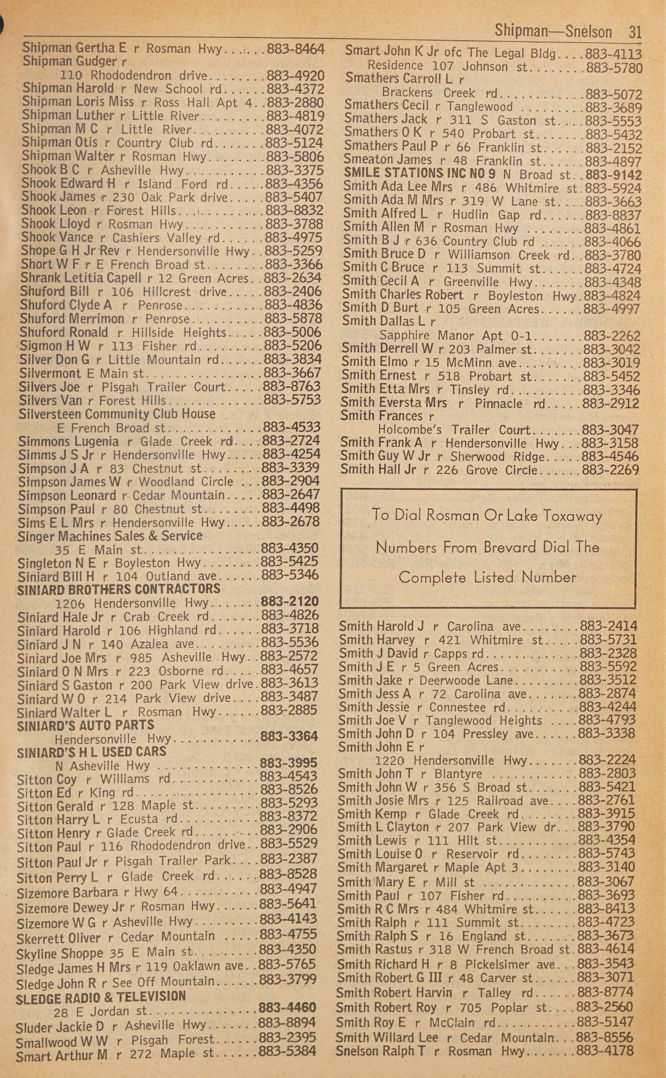 Telephone Directory Brevard Lake Toxaway Rosman N C January 1967 