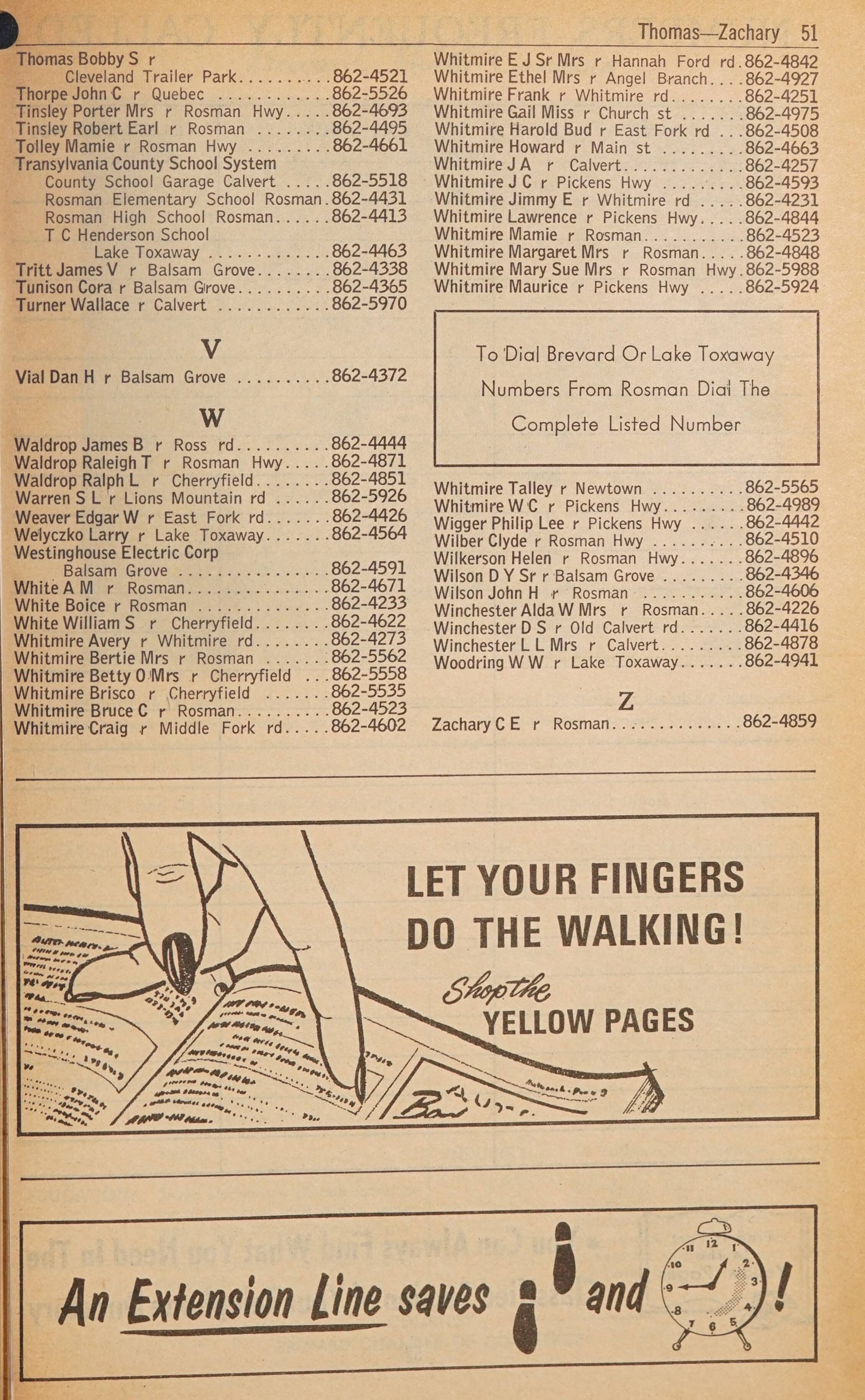 Telephone Directory Brevard Lake Toxaway Rosman N C January 1967 