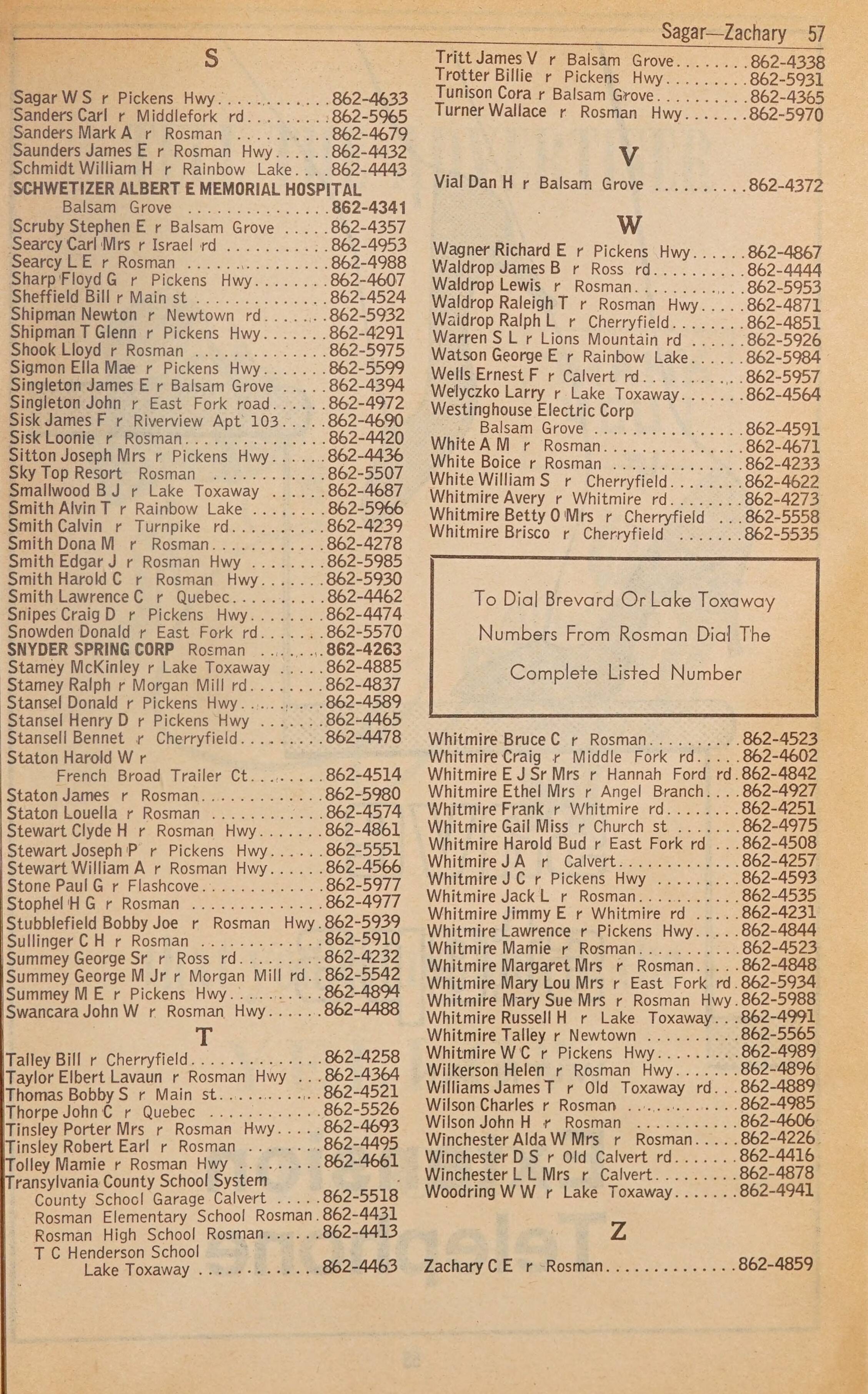 Telephone Directory Brevard Lake Toxaway Rosman N C January 1968 