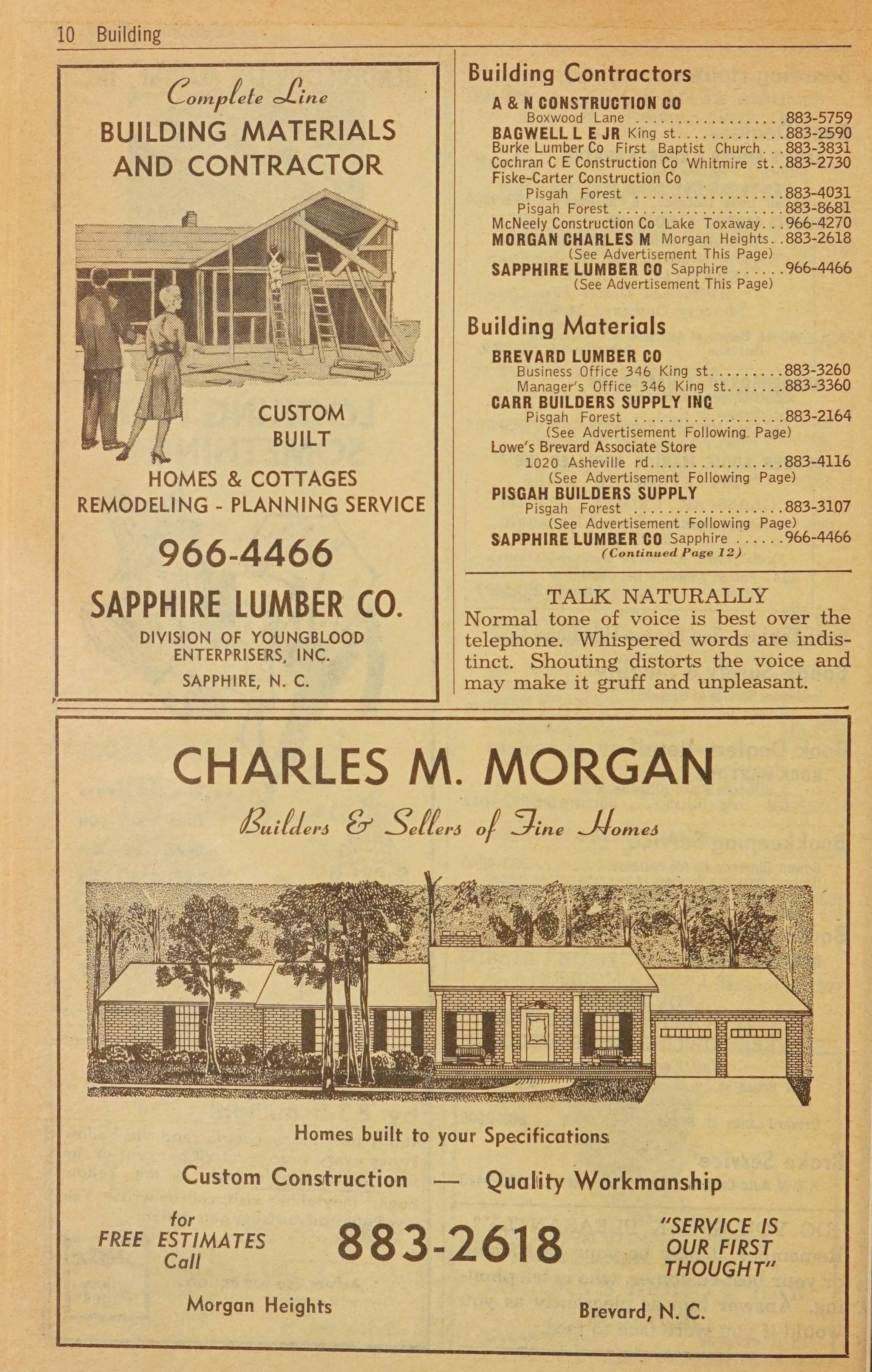 Telephone Directory Brevard Lake Toxaway Rosman N C January 1968 