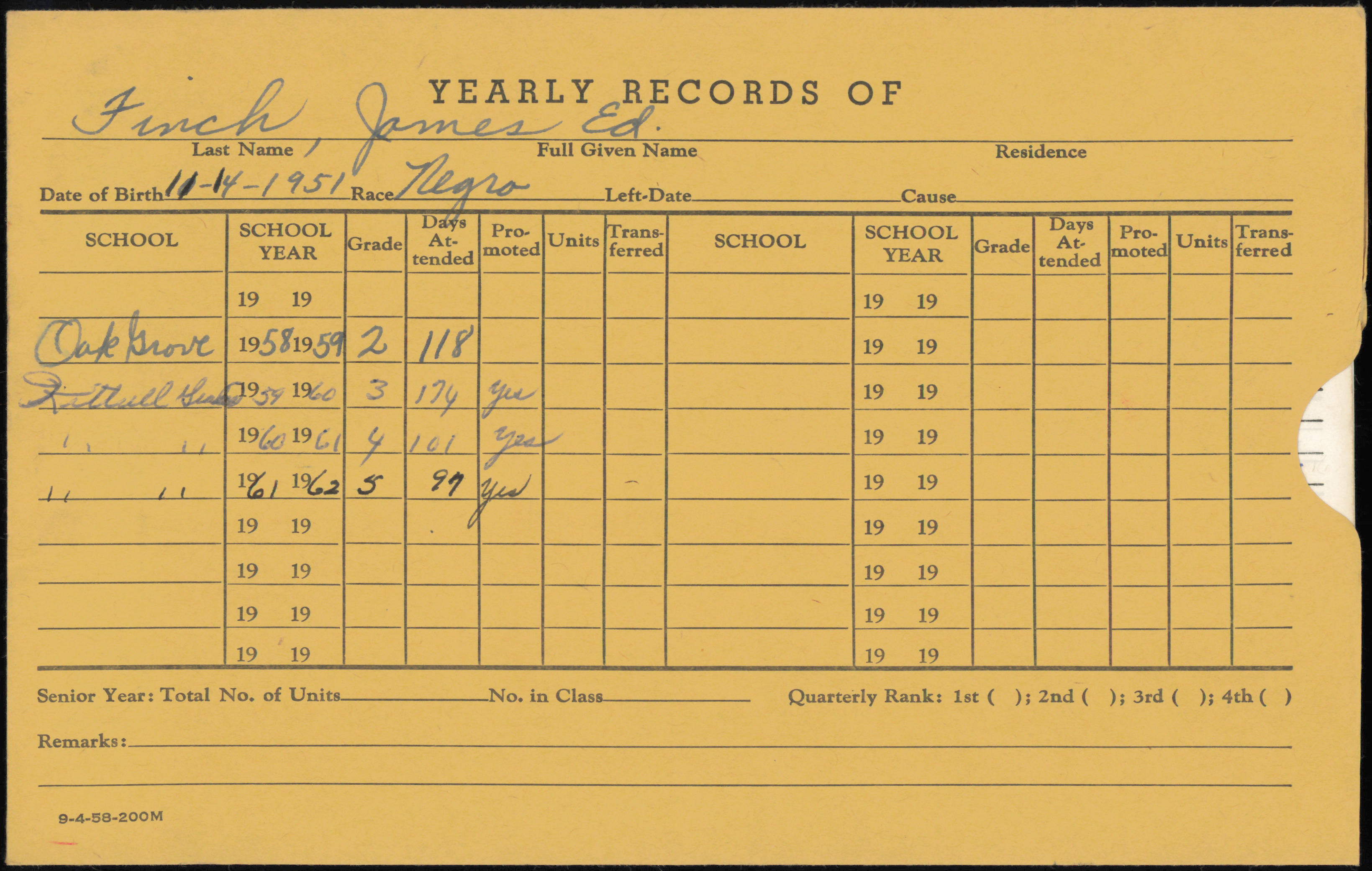 Students' of Vance County Yearly Record Envelopes F