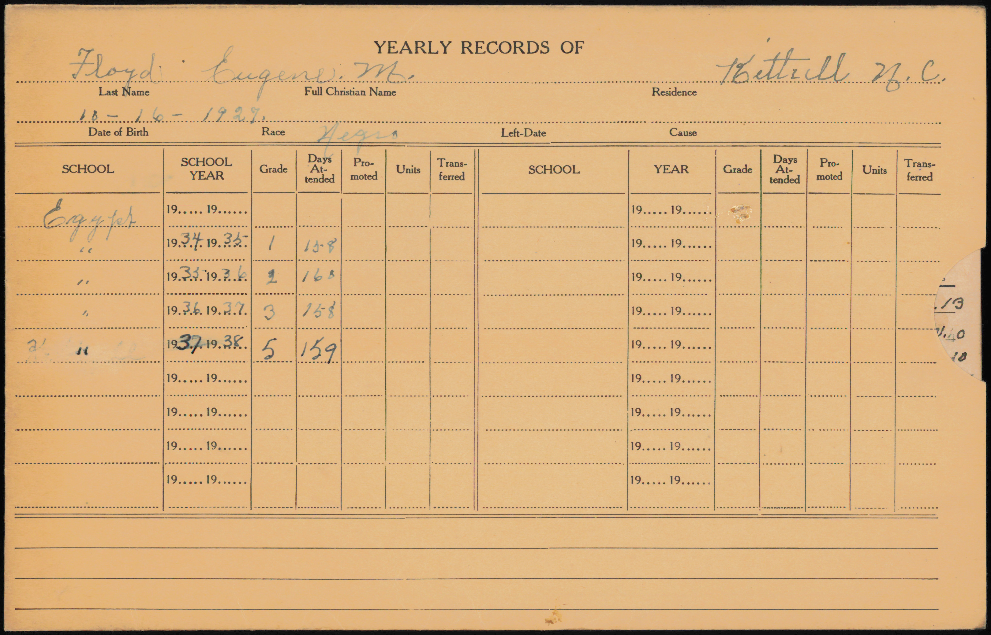 Students' of Vance County Yearly Record Envelopes F