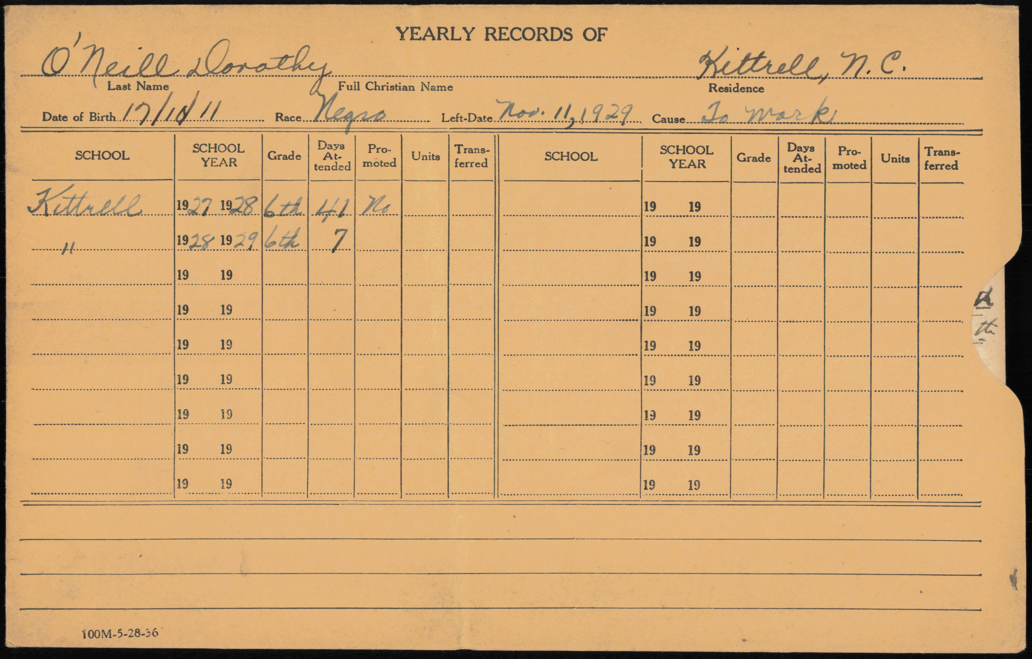 Students of Vance County Yearly Record Envelopes O
