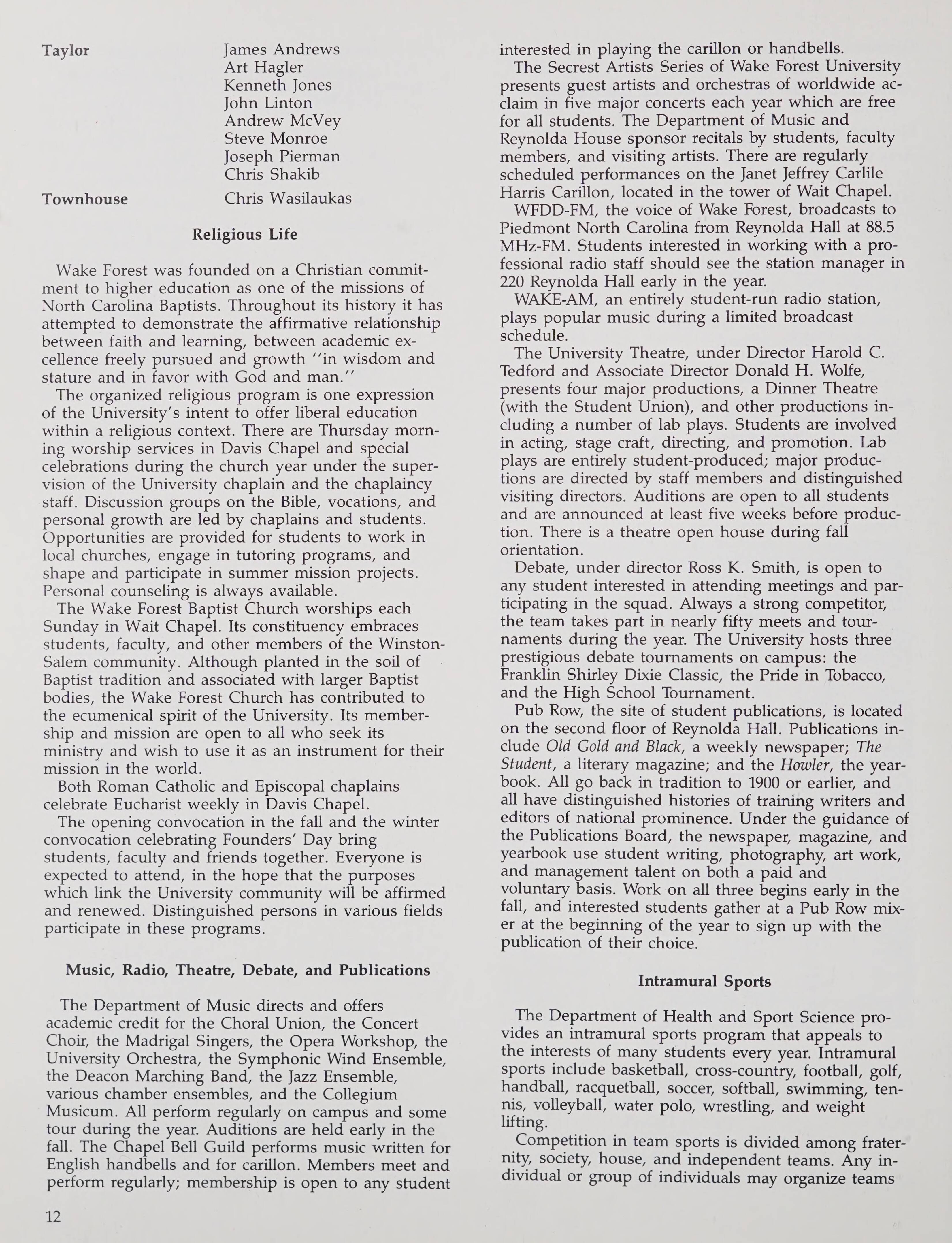 Wake Forest University Student Handbook [19881989]