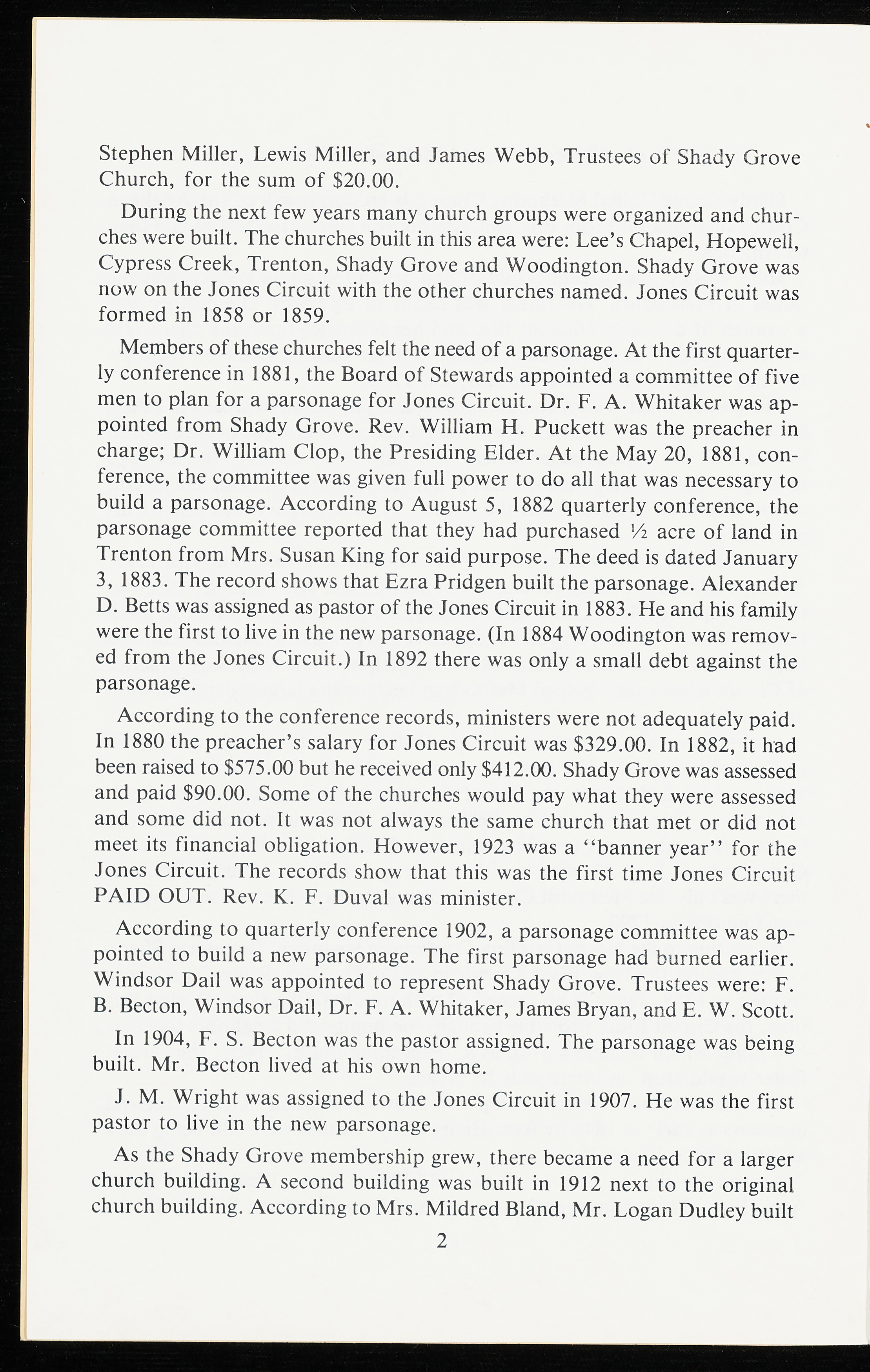 The History of Shady Grove United Methodist Church in Jones County