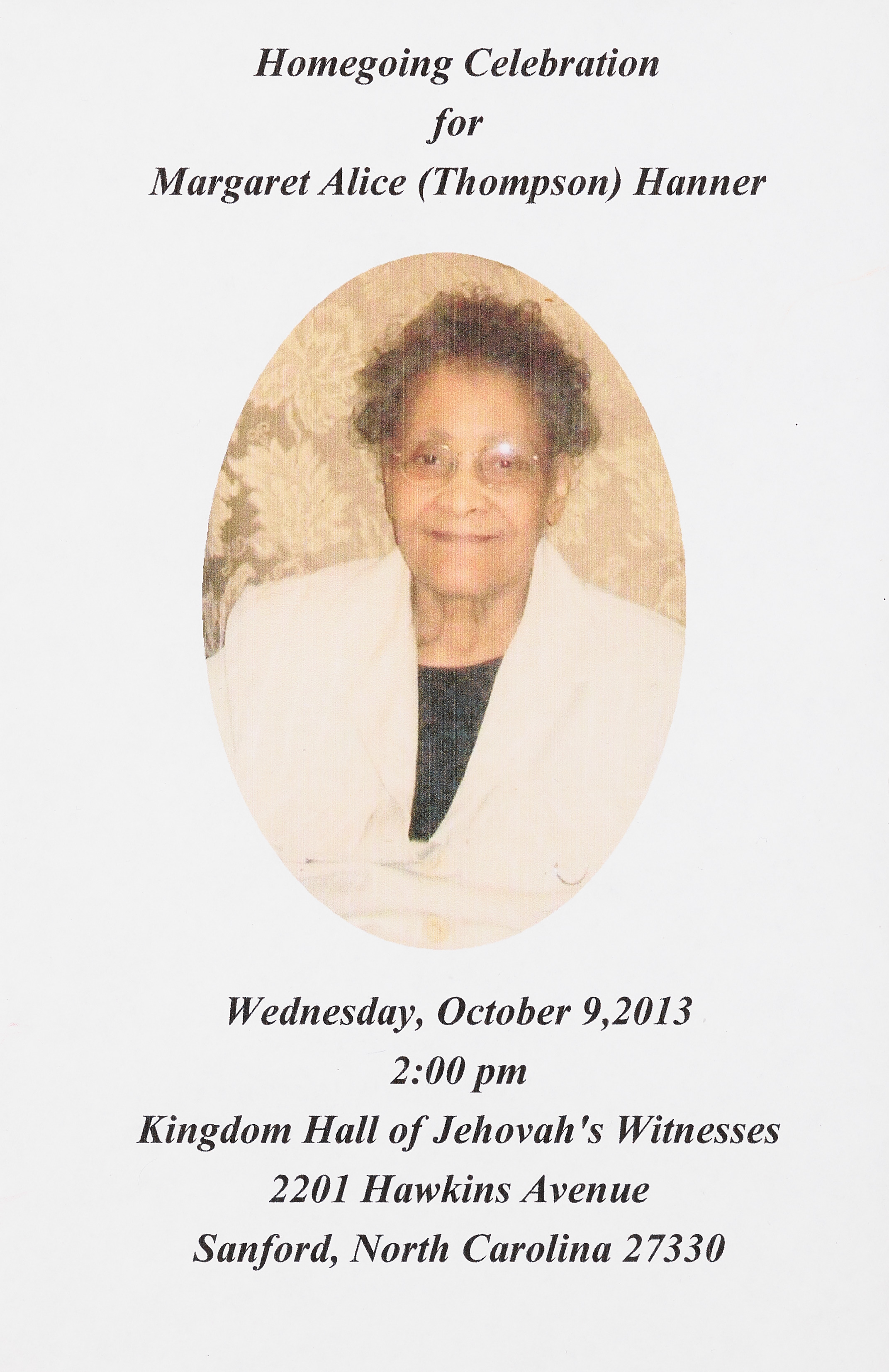 Homegoing Celebration For Margaret Alice (Thompson) Hanner