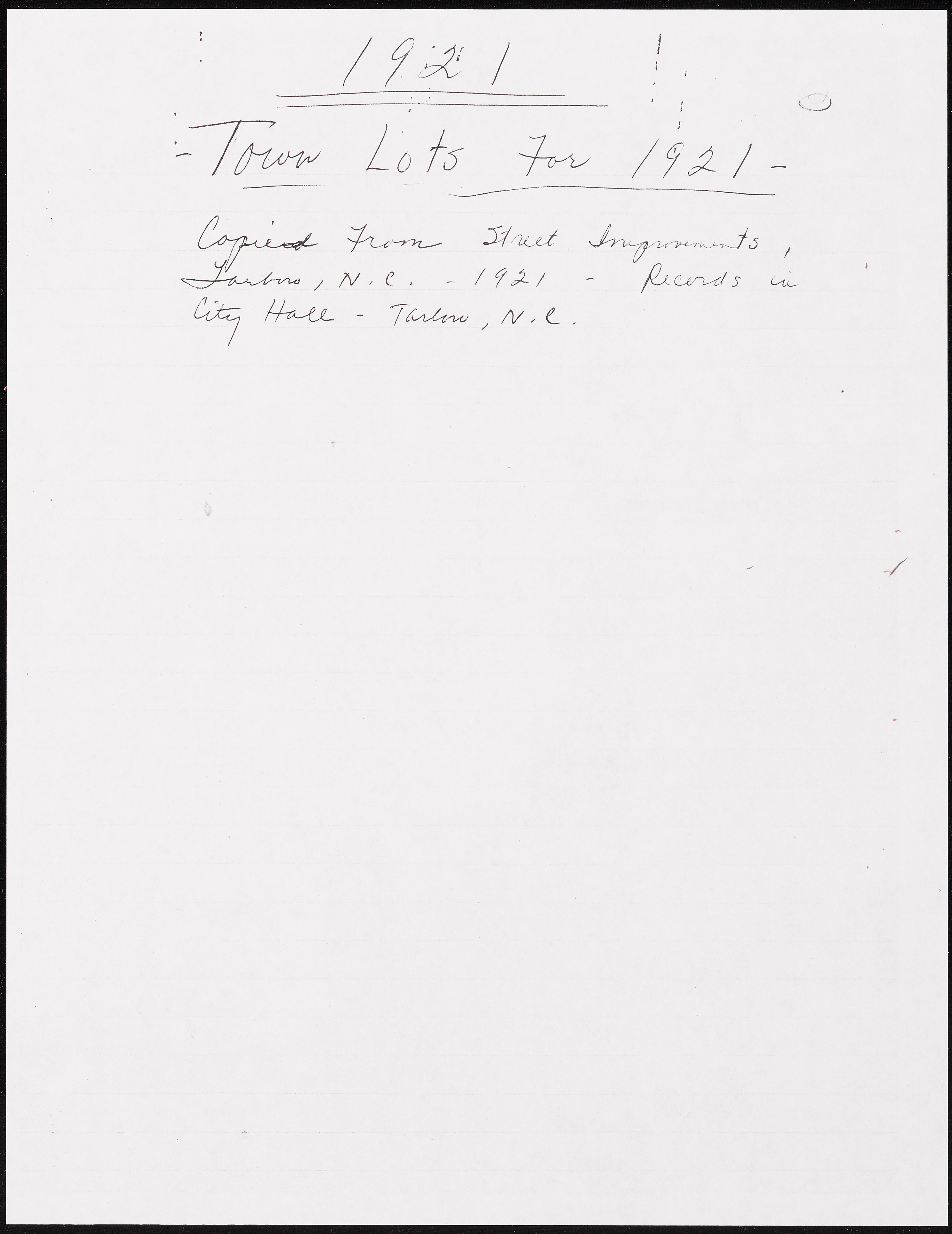 Tarboro Town Lot Records for 1921