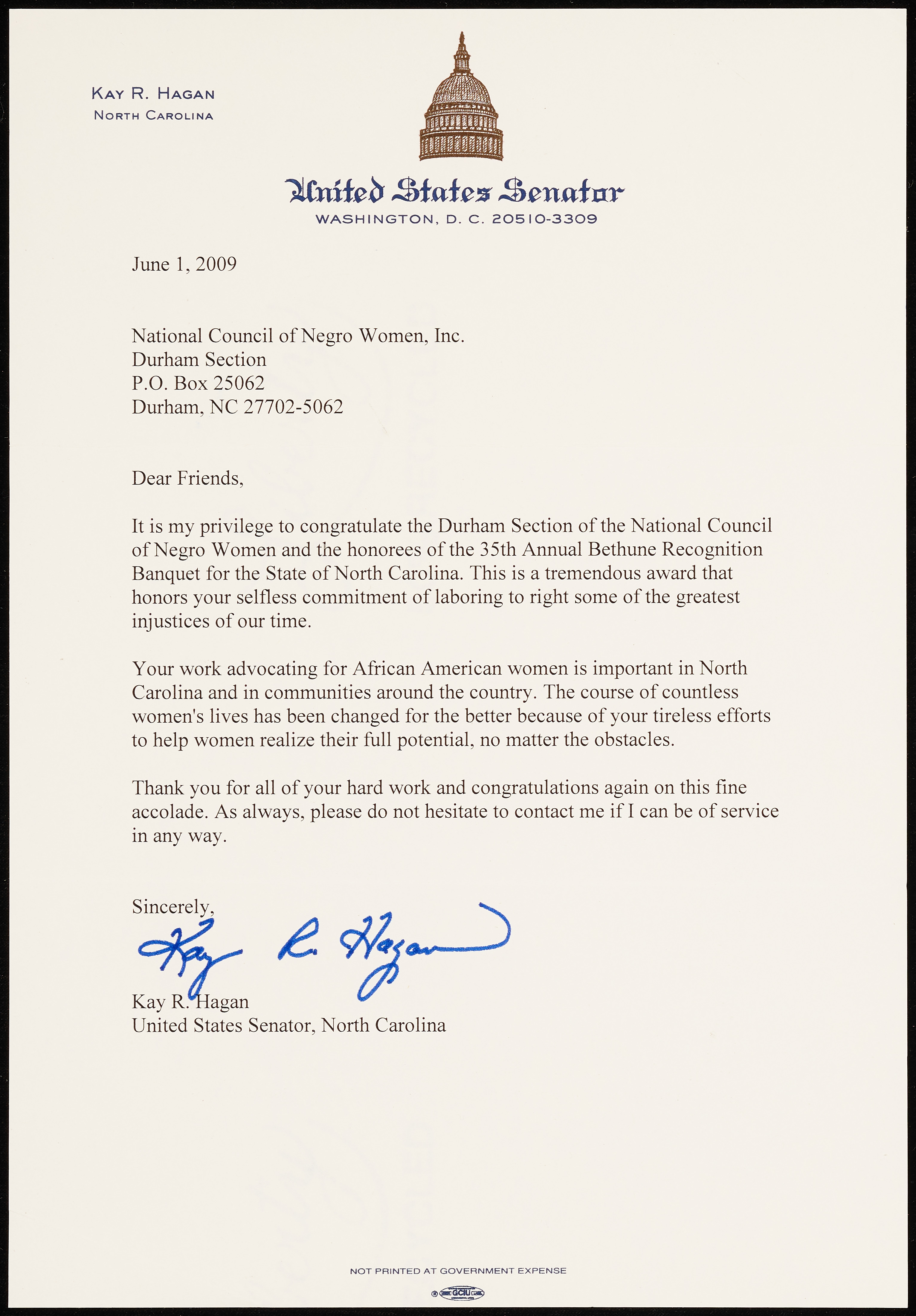 Letter from Former Senator Kay R. Hagan to the National Council of ...