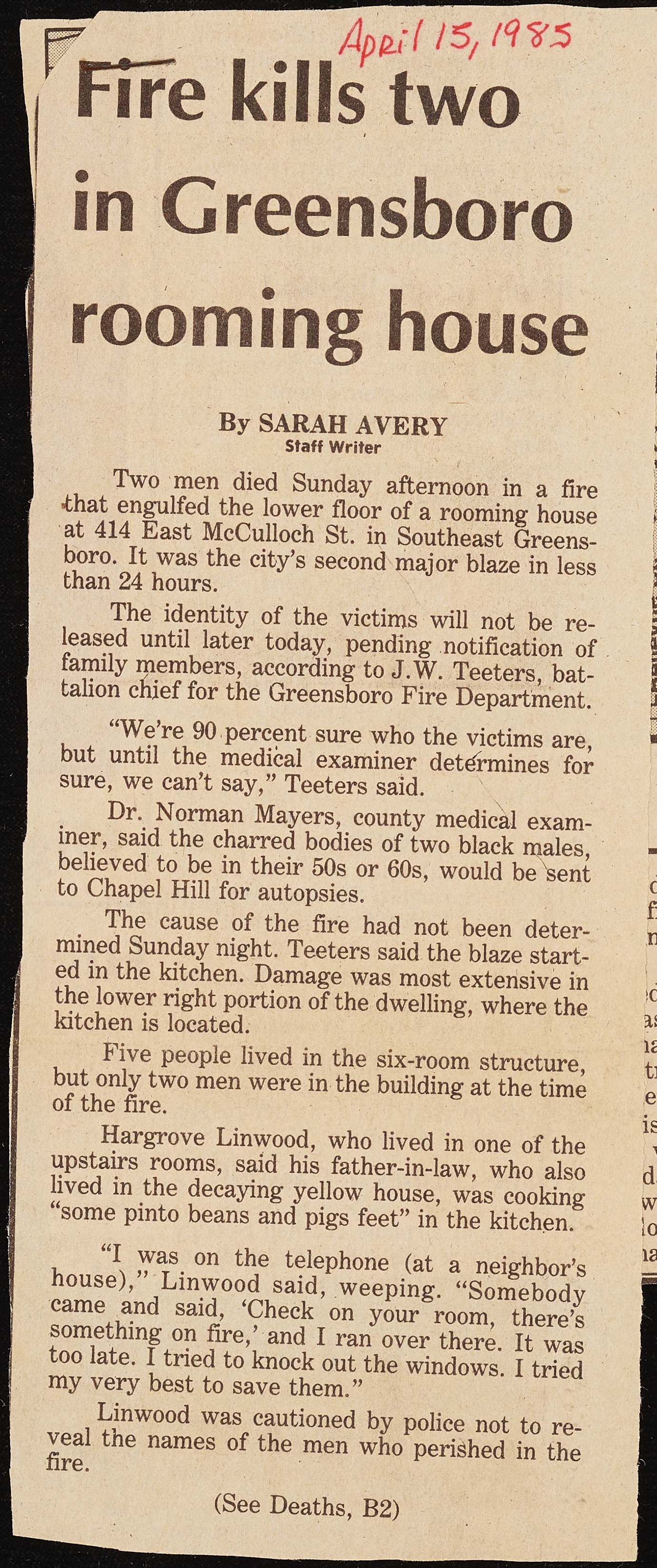 Greensboro Firefighters Newspaper Clippings 1985