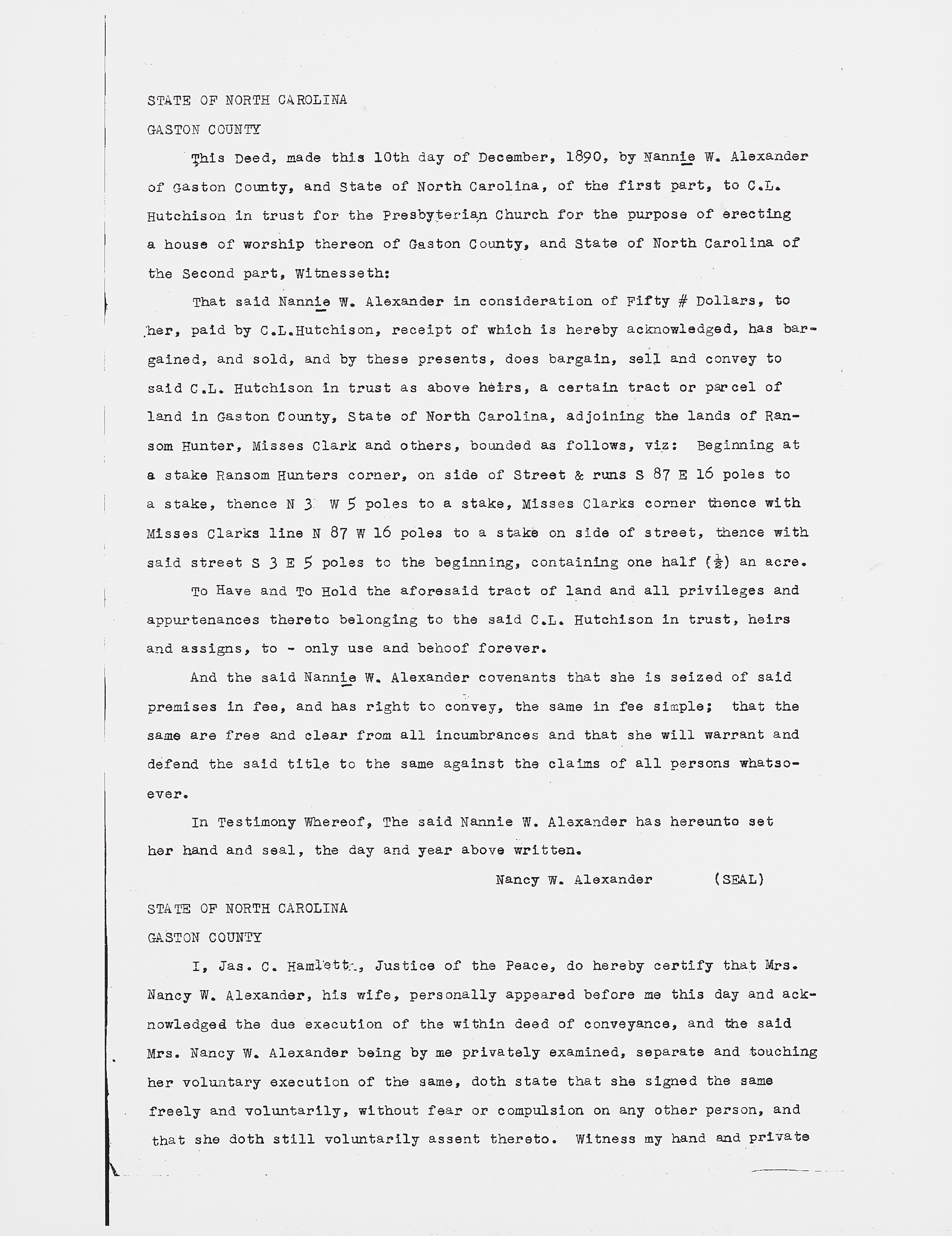 Gaston County Church Deed