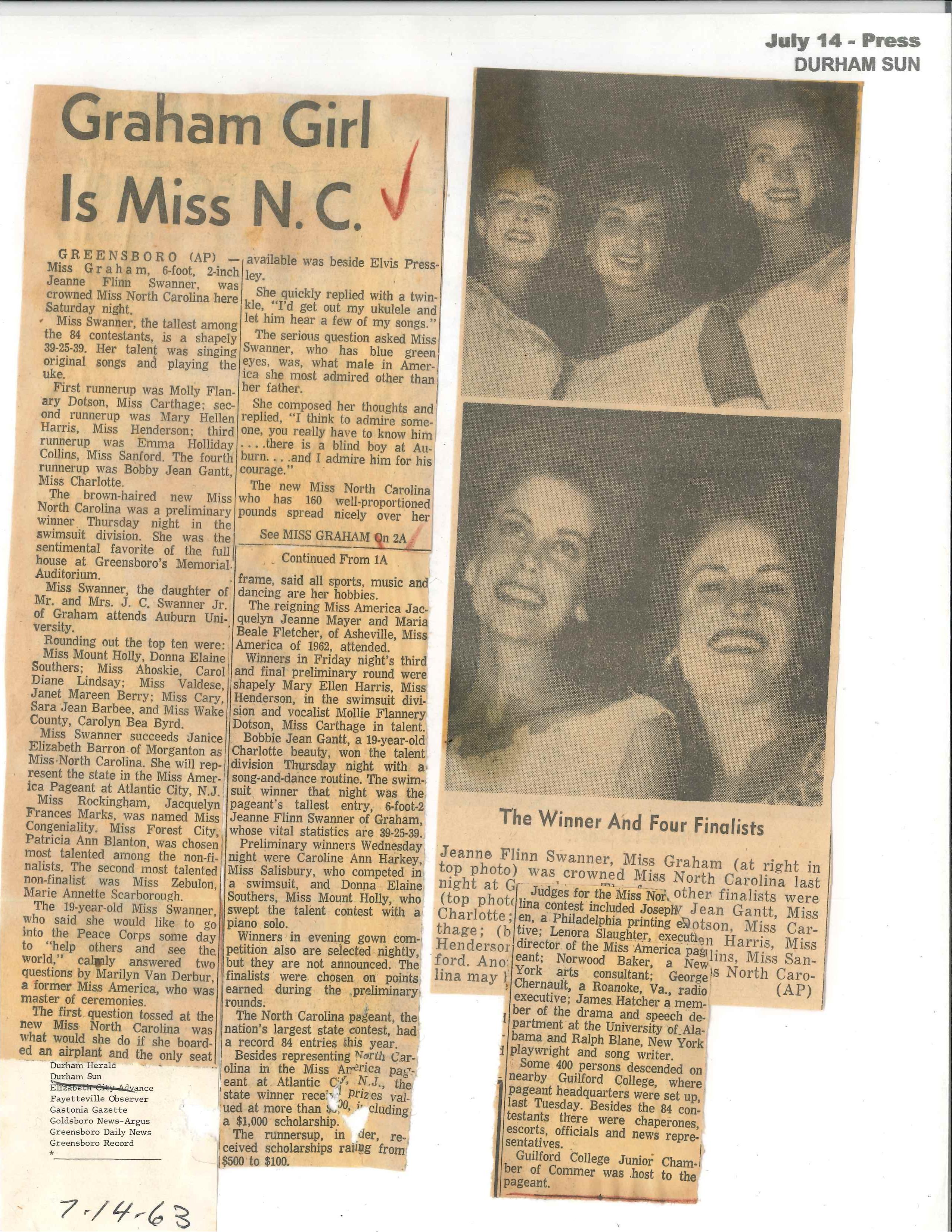 Chronicle of Miss North Carolina Pageant News Articles, Jeanne Swanner Day, and Appearances as