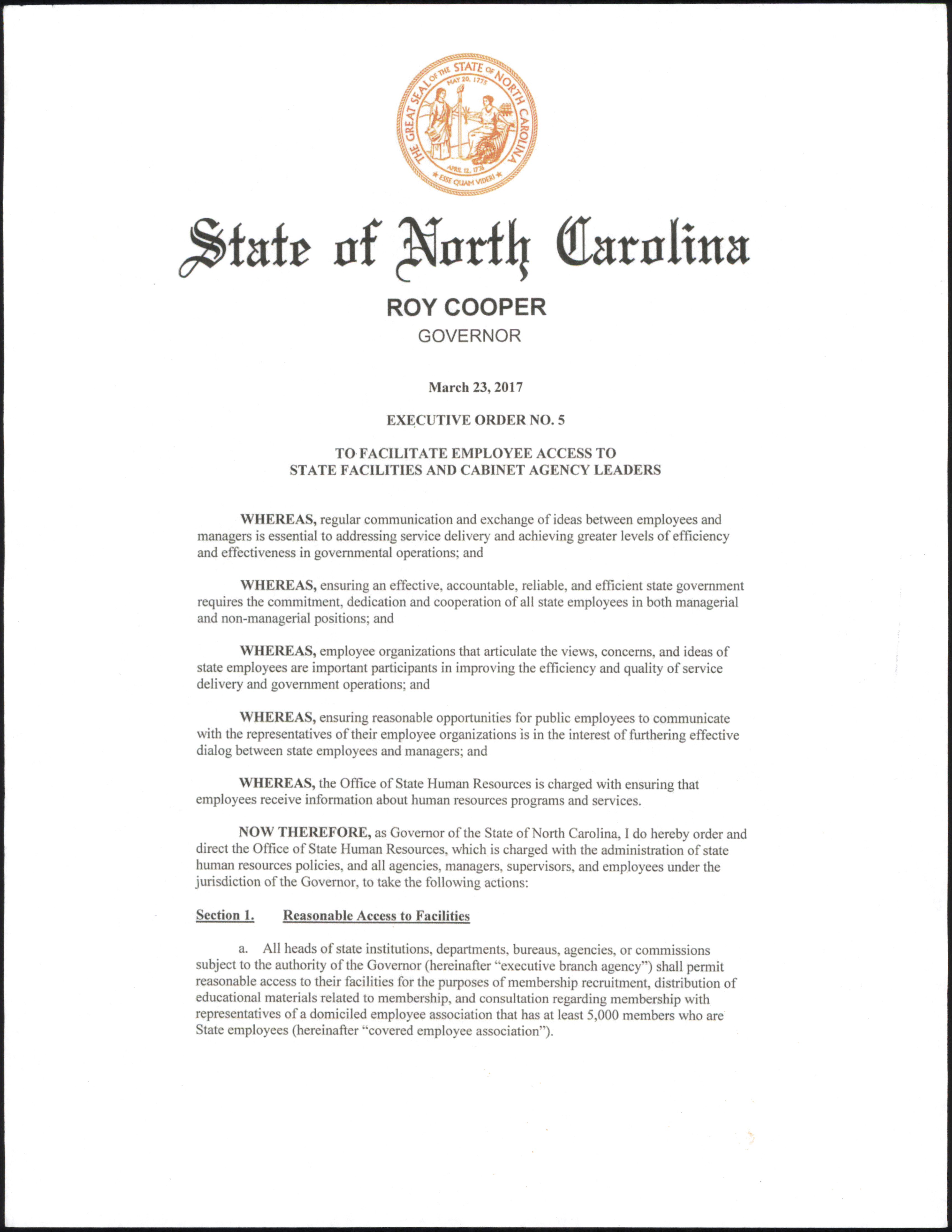 North Carolina Executive Order No. 5