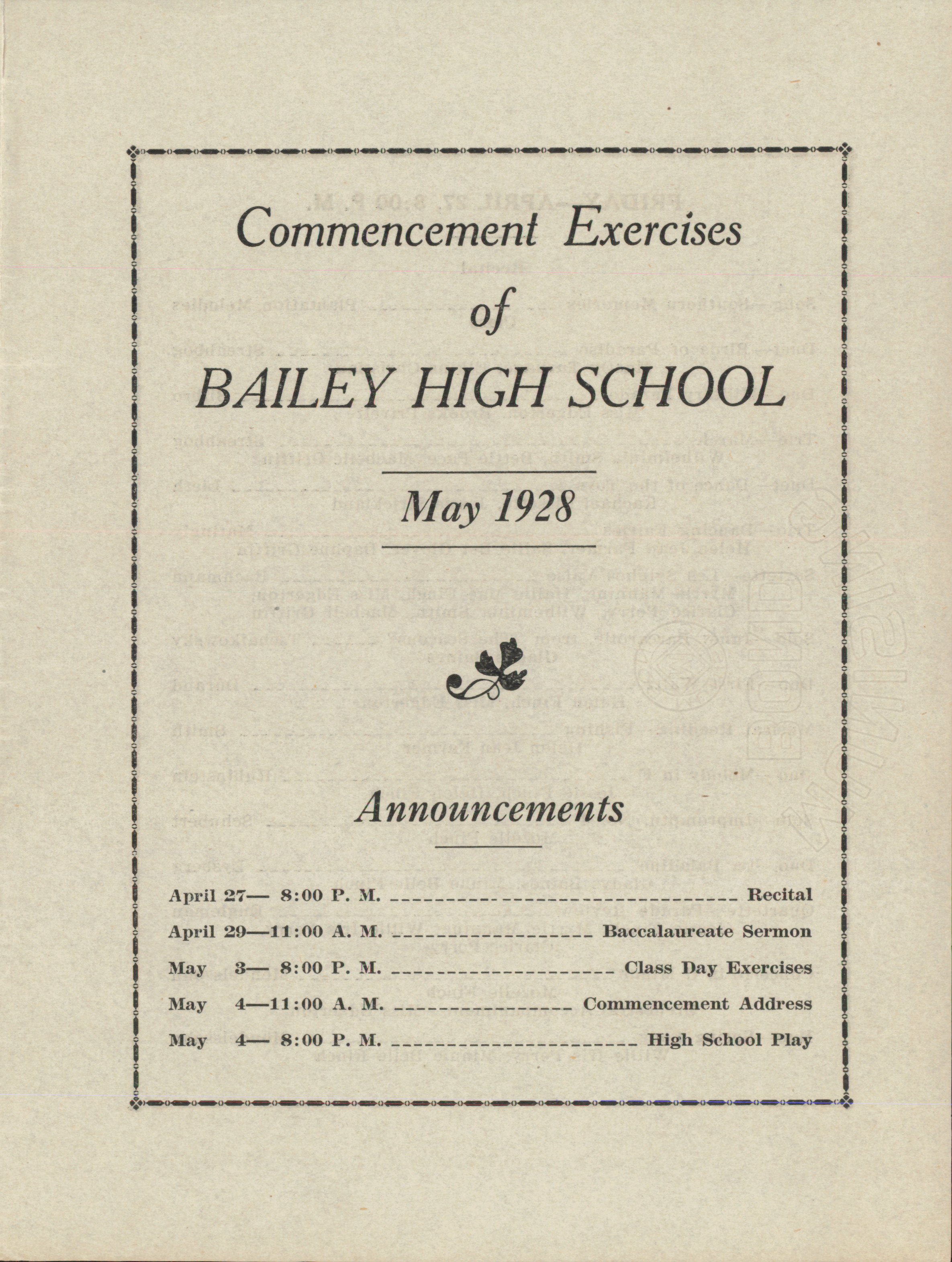 Bailey High School Commencement Program [1928]