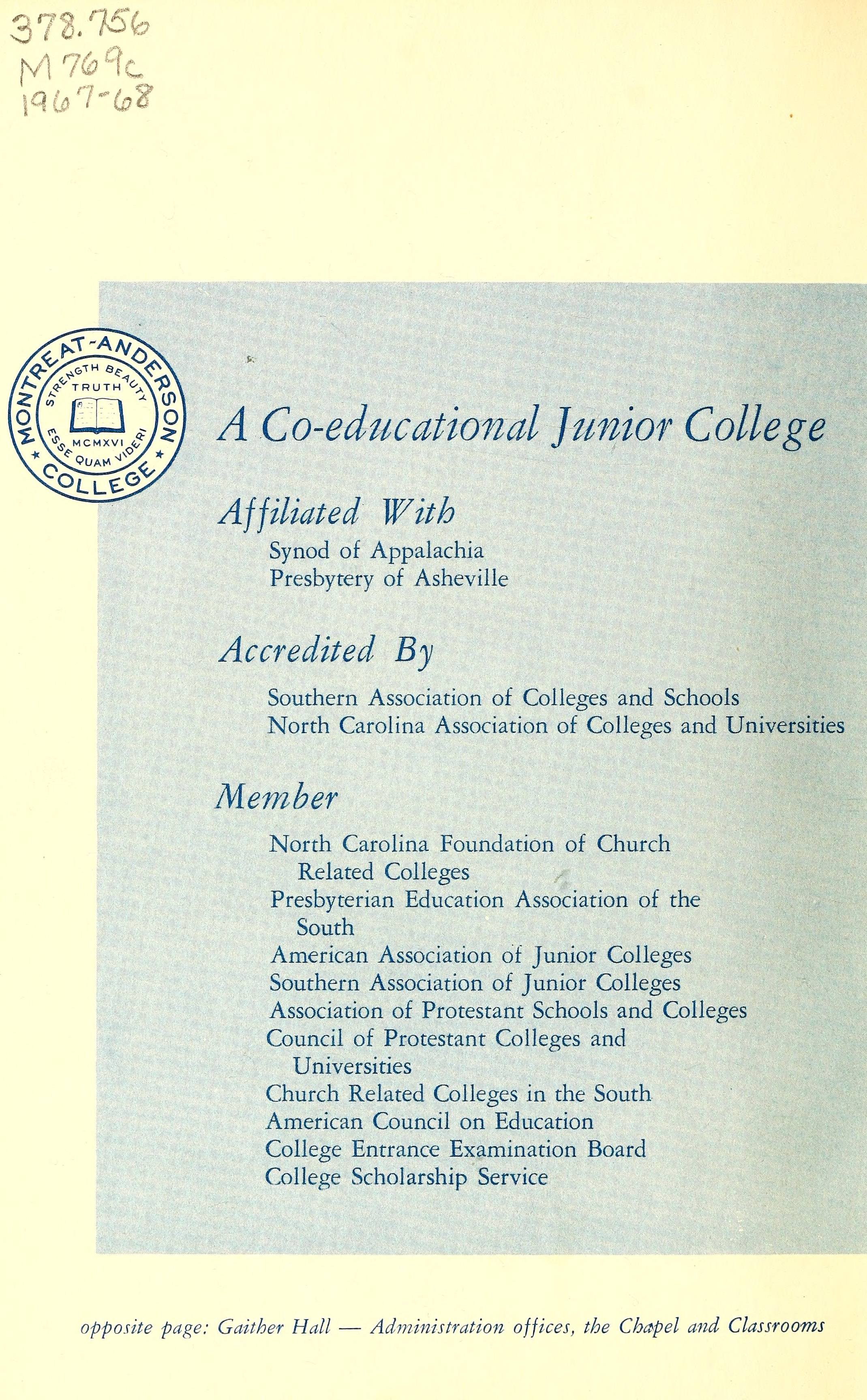 MontreatAnderson College Course Catalog [19671968]