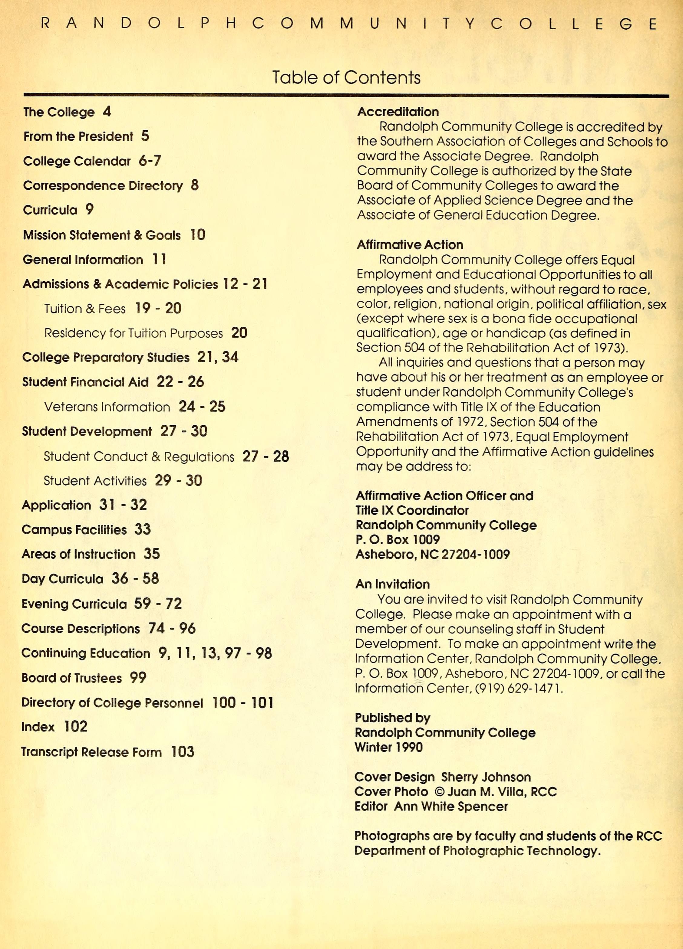 Randolph Community College Course Catalog [1989-1991]