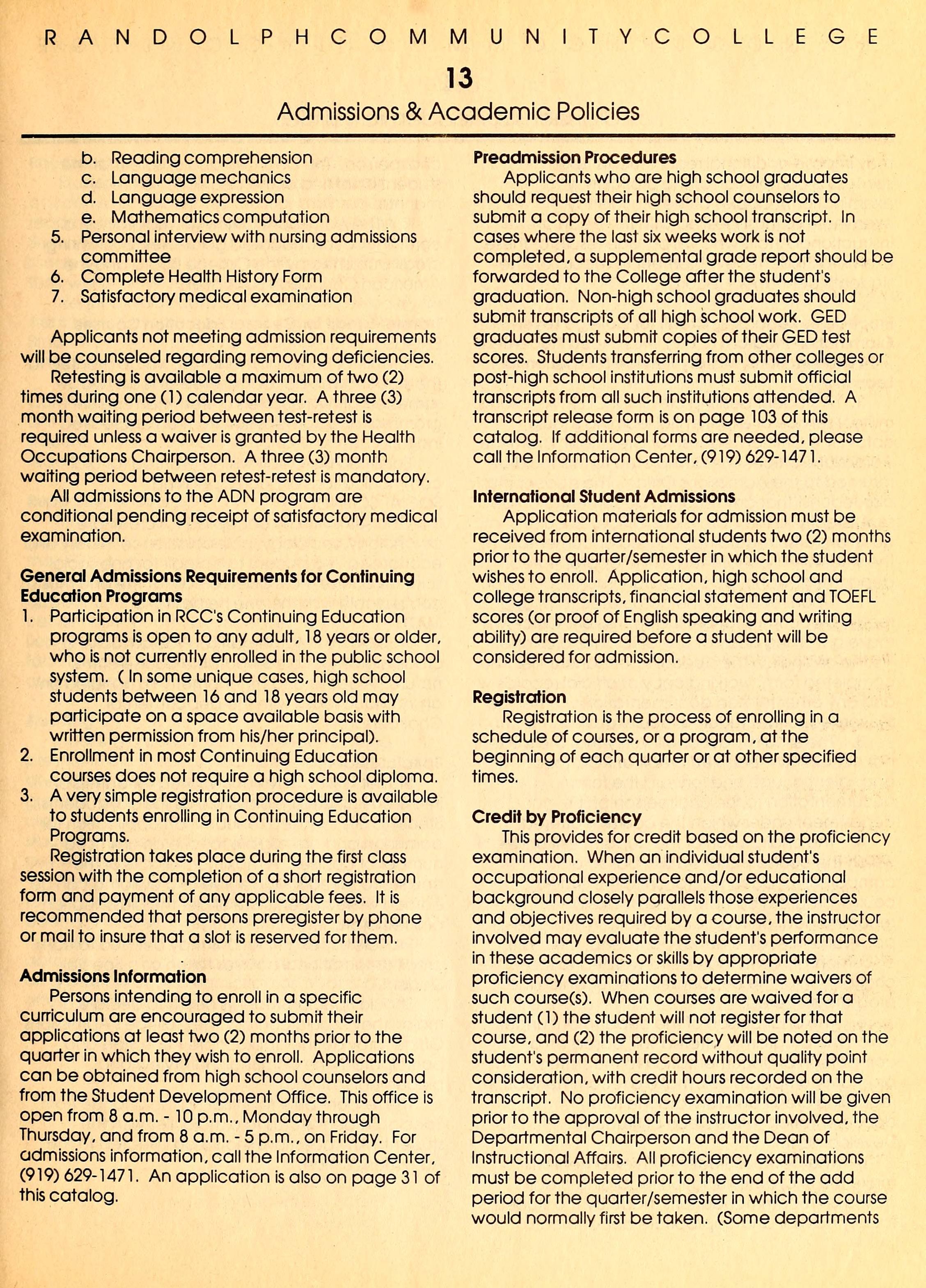 Randolph Community College Course Catalog [1989-1991]