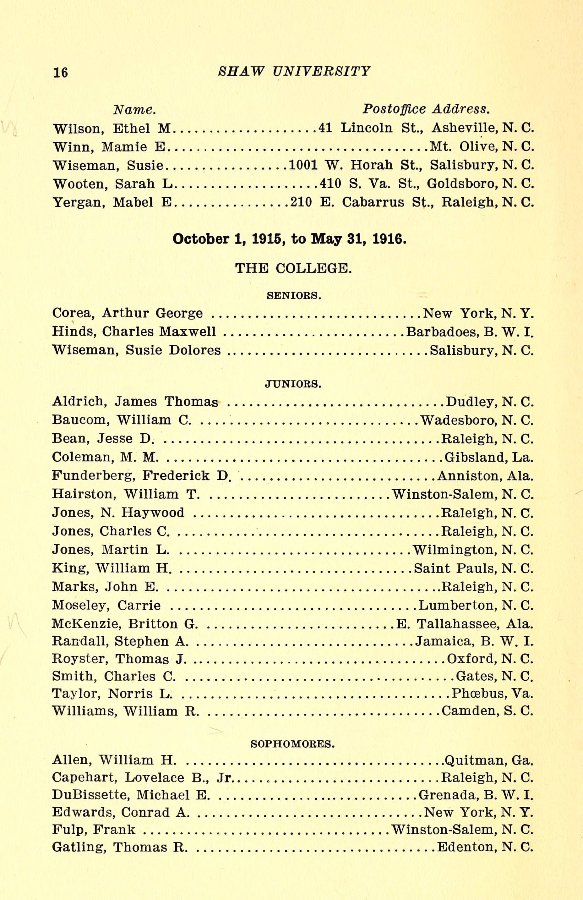 Shaw University Annual Catalogue [1915-1916]
