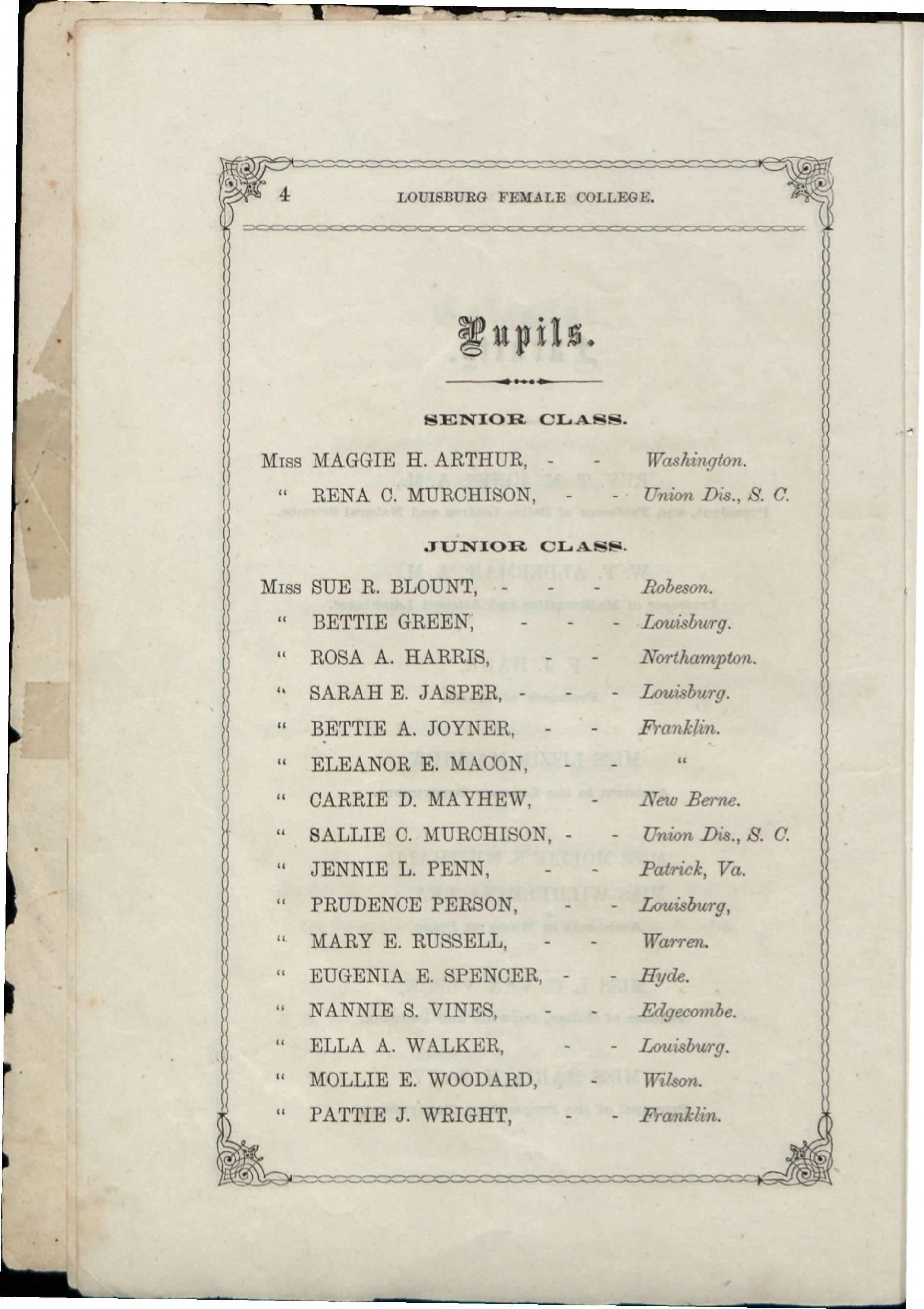 Catalogue of the officers and students of Louisburg Female College, for