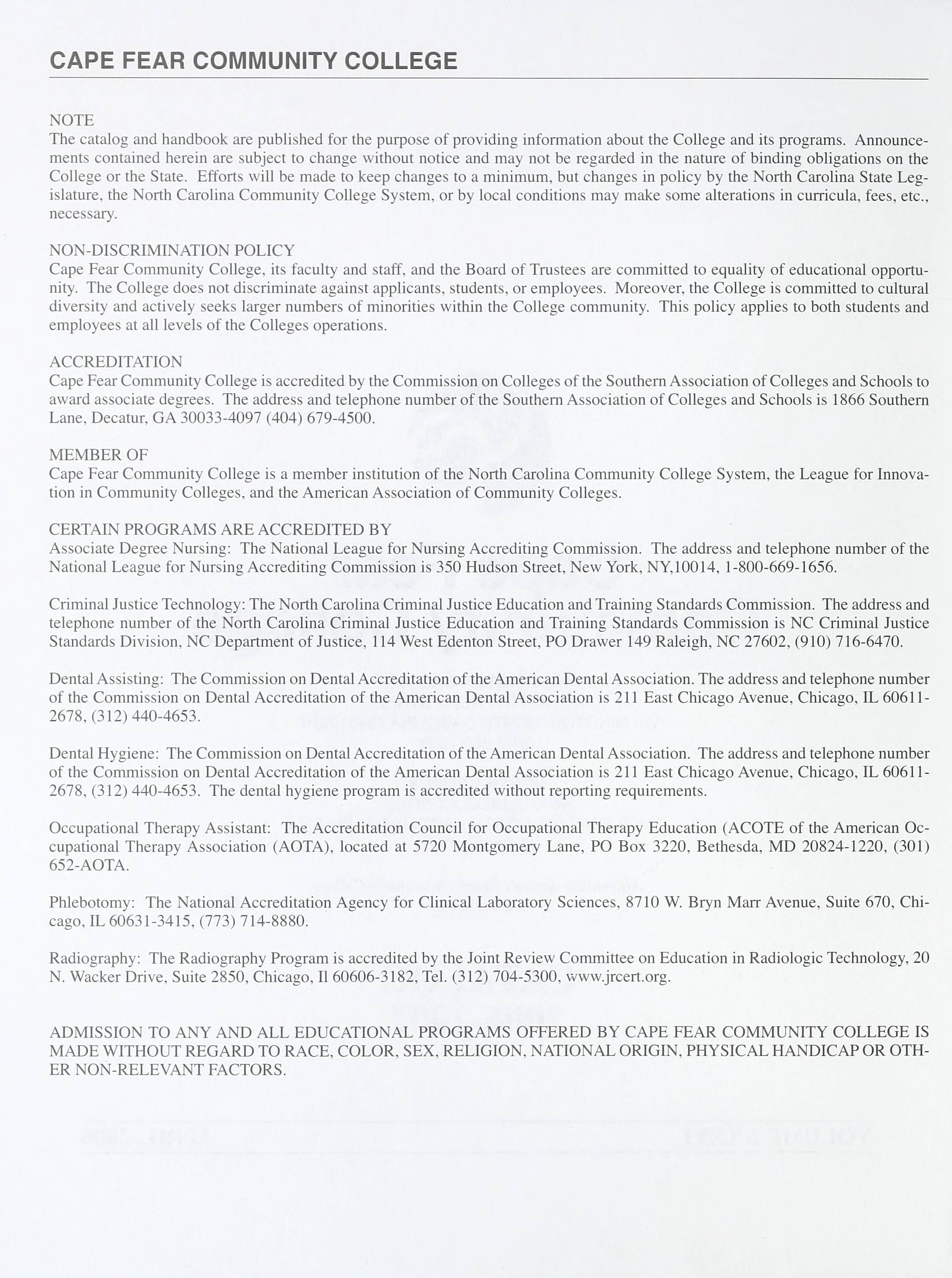 Cape Fear Community College General Catalog and Student Handbook [2006