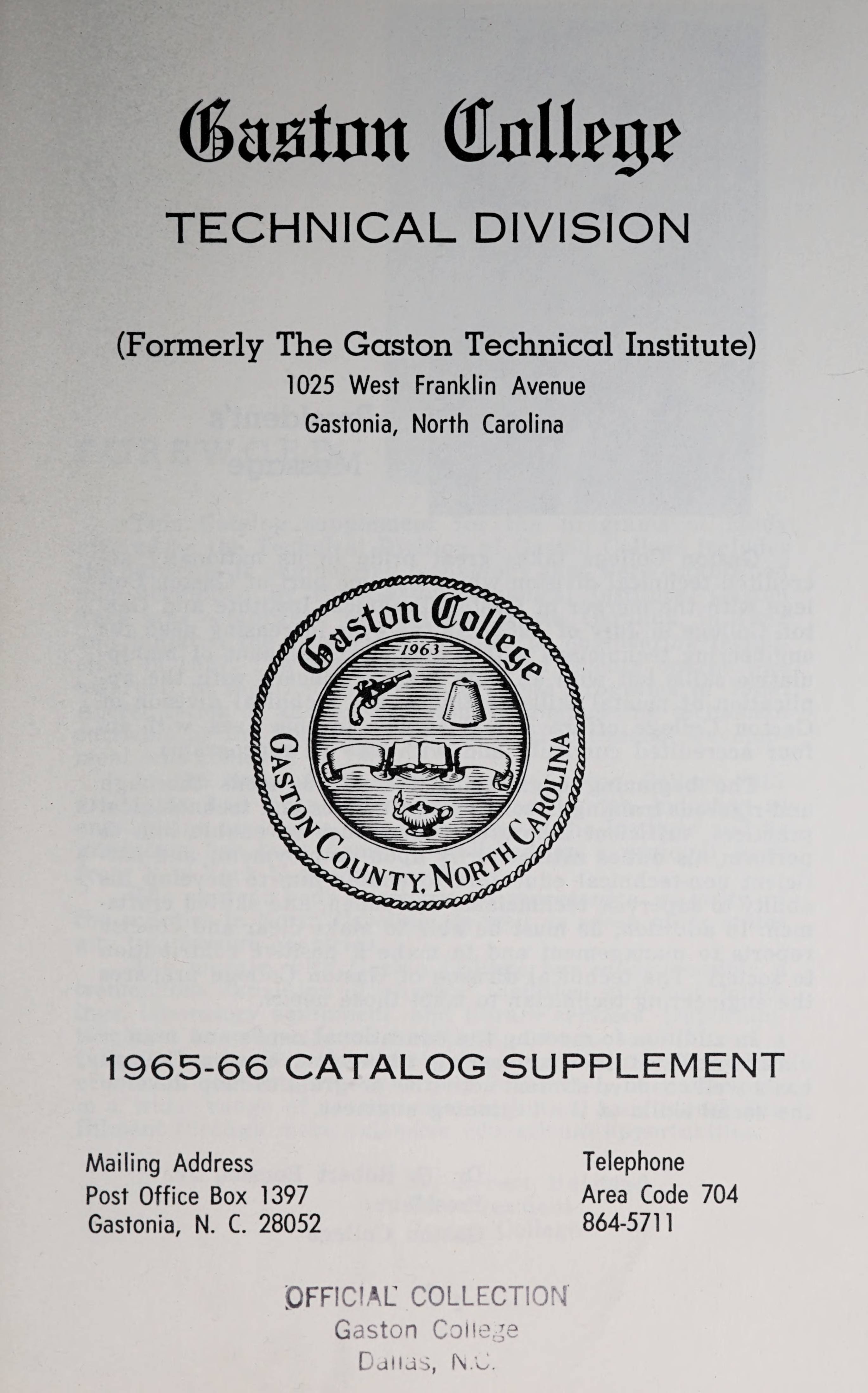 Gaston College Technical Division 19651966 Catalog Supplement