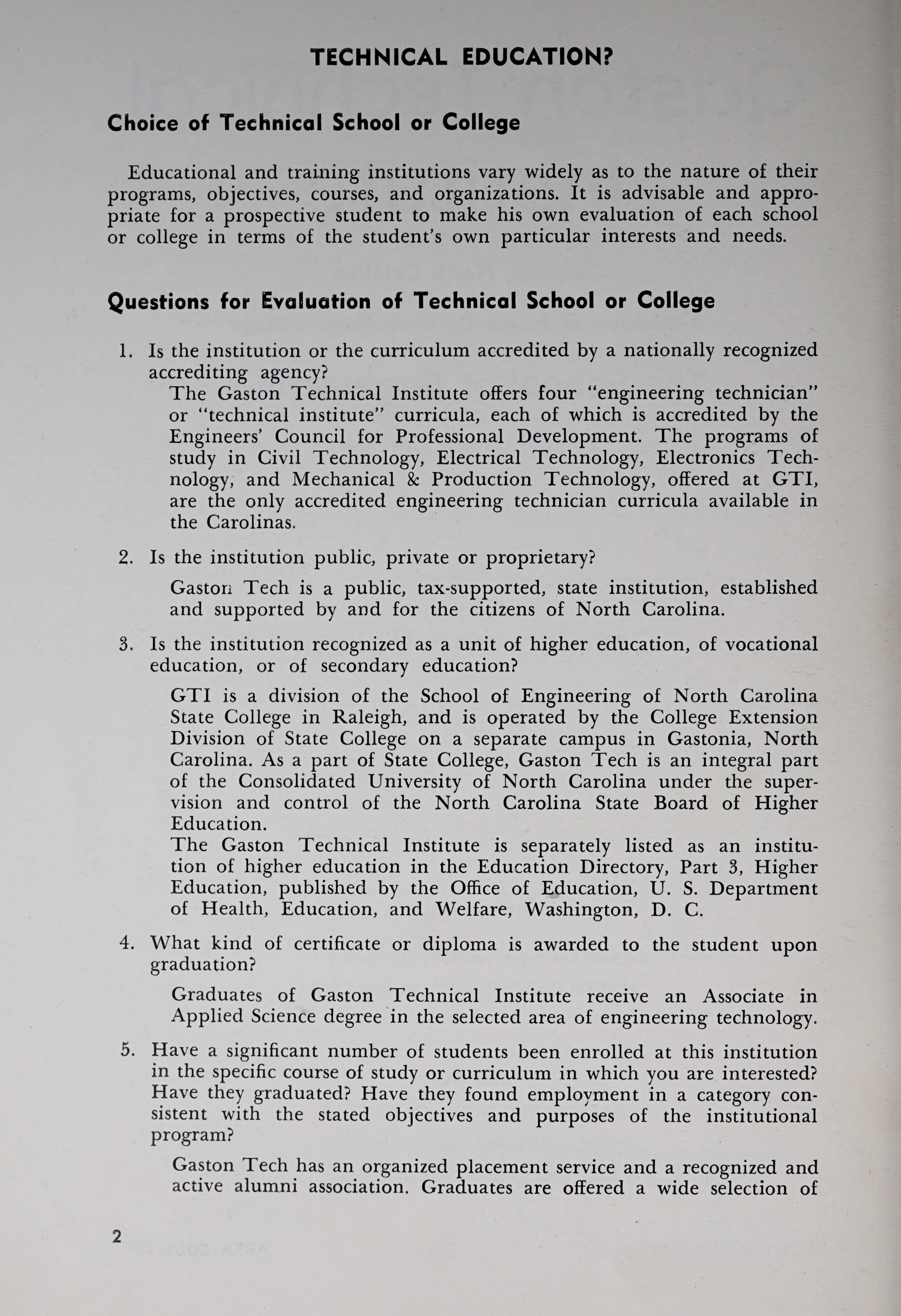 Gaston Technical Institute Catalog and Bulletin 19621963